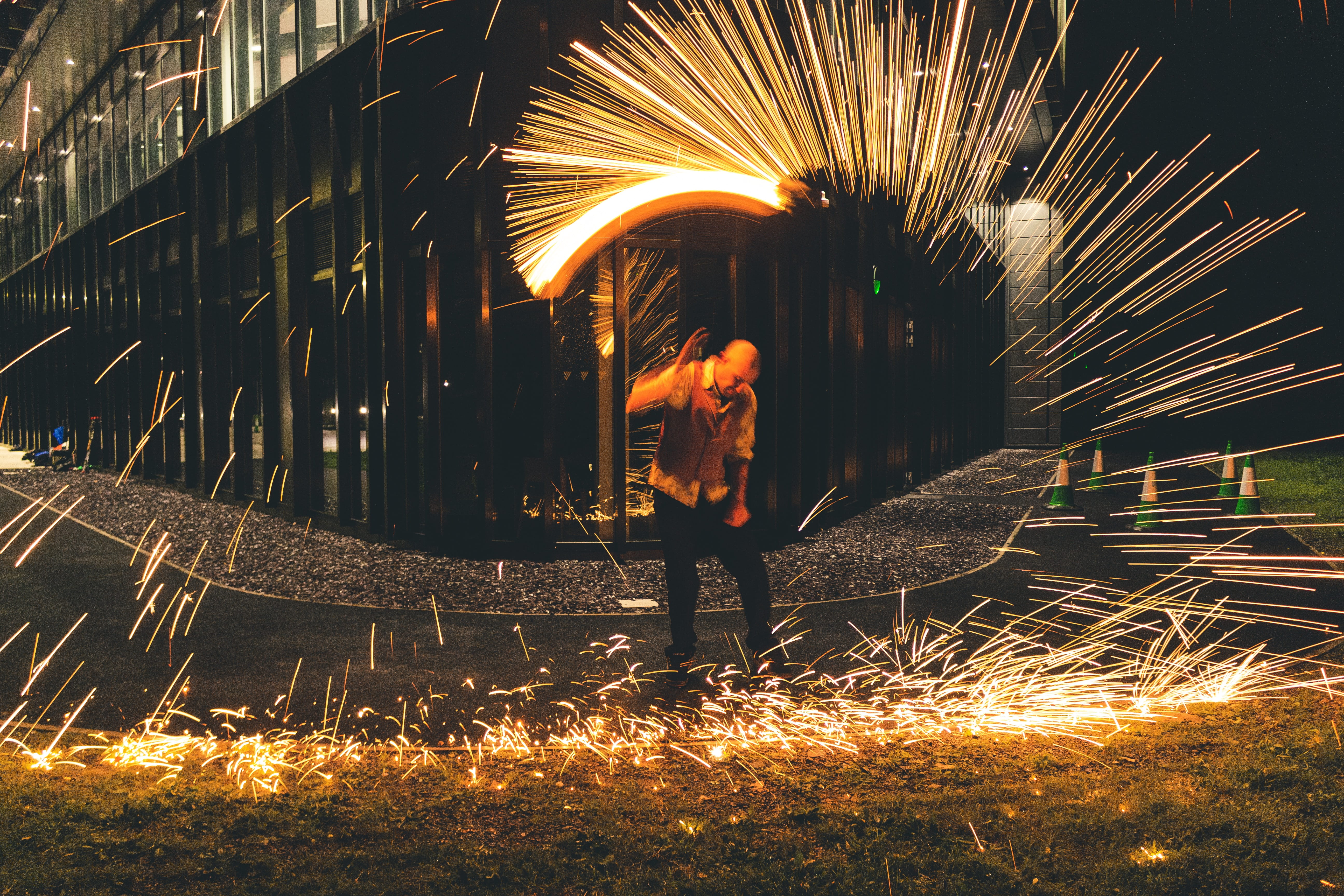 fire, sparks, real people, light, firework, fire spinners, men, fire spinning, illuminated, motion, long exposure, arts culture and entertainment, steel wool, HD Wallpaper