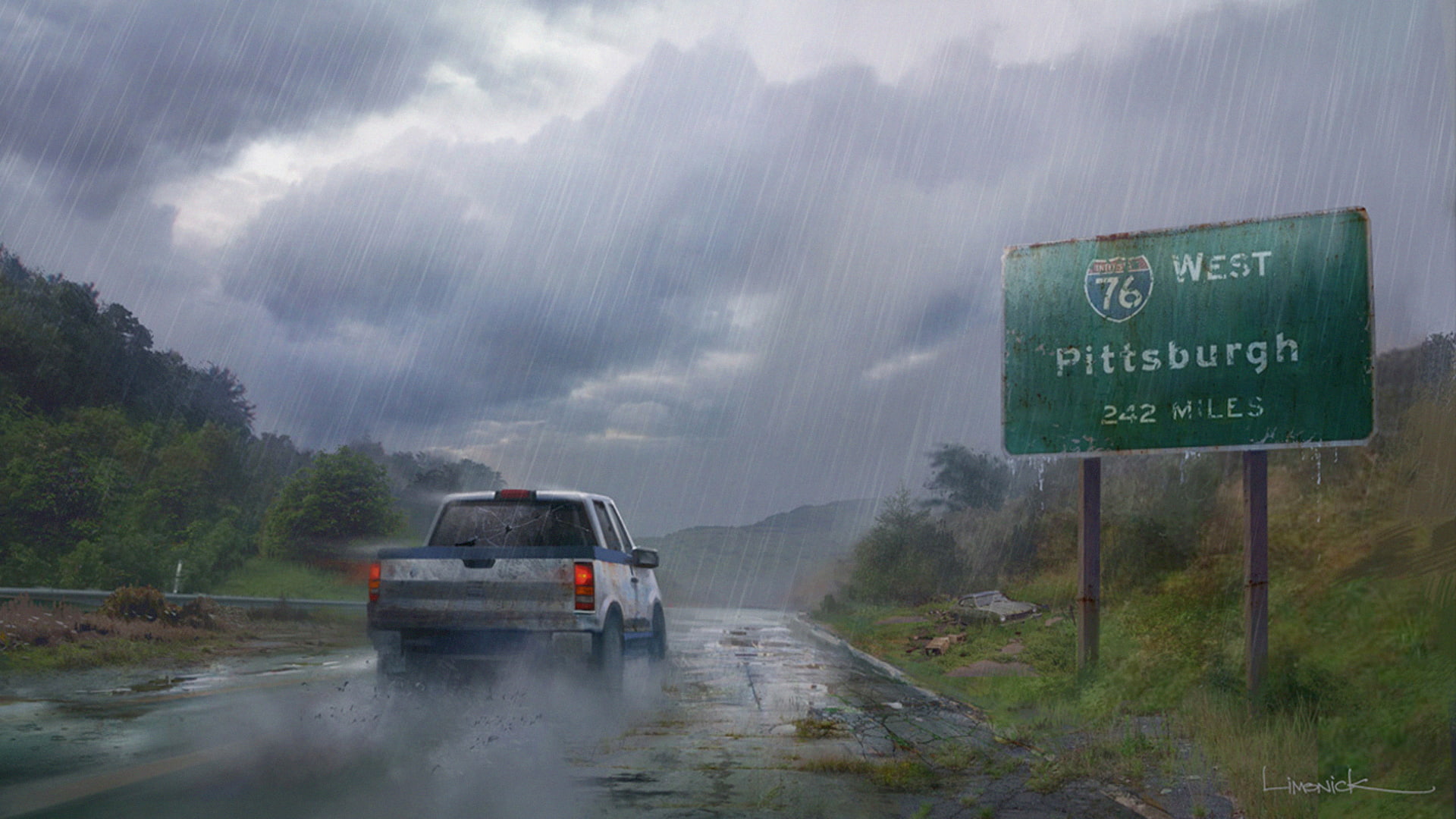 fog, transportation, rain, nature, road sign, sign, communication, warning sign, wet, white, storm, 1080P, road, motor vehicle, travel, mode of transportation, HD Wallpaper