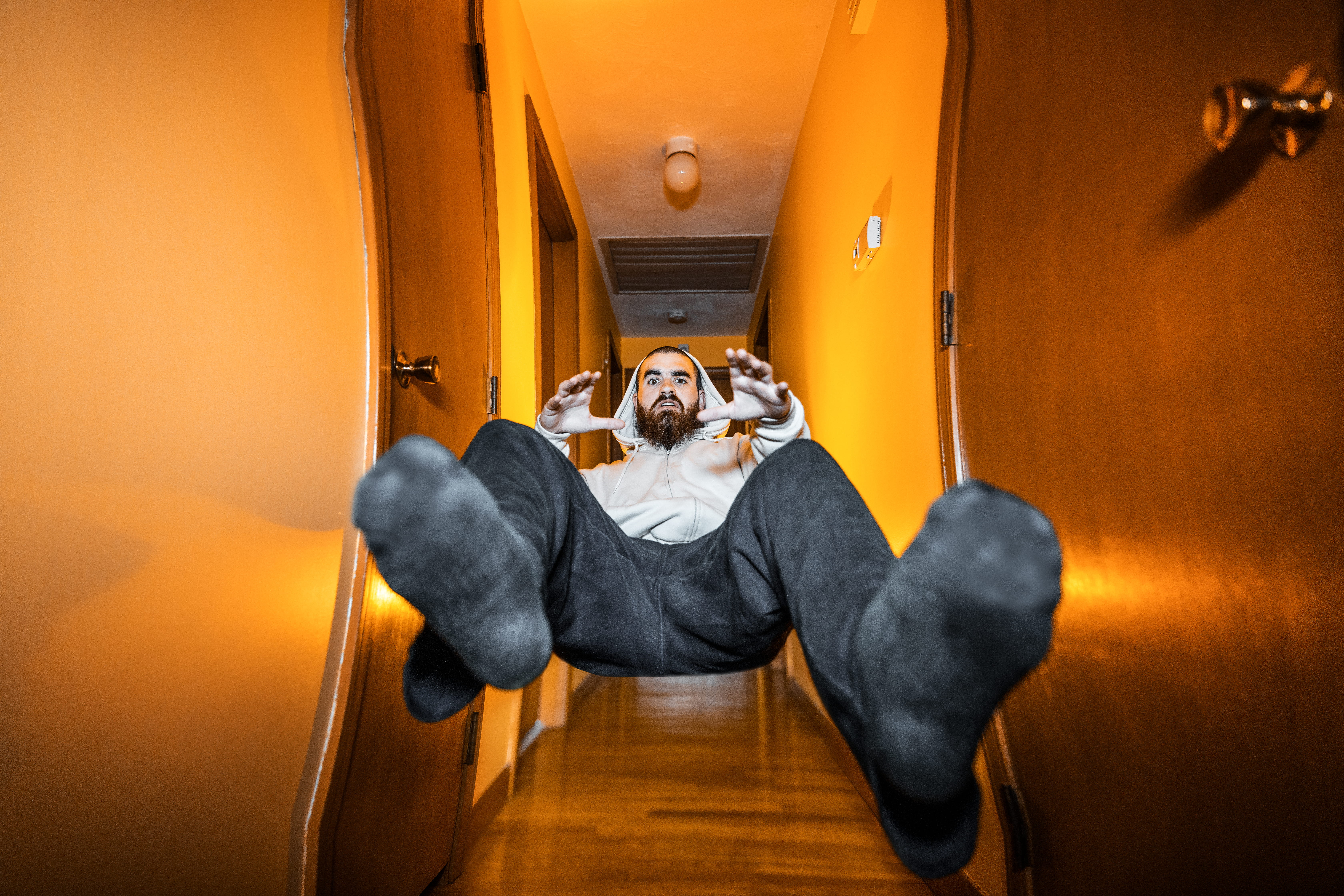 hallway, floating, full length, jumping, room, creative, pathway, person, leg, hall, 5K, men, man, domestic room, figure, float, one person, gravity, near, HD Wallpaper