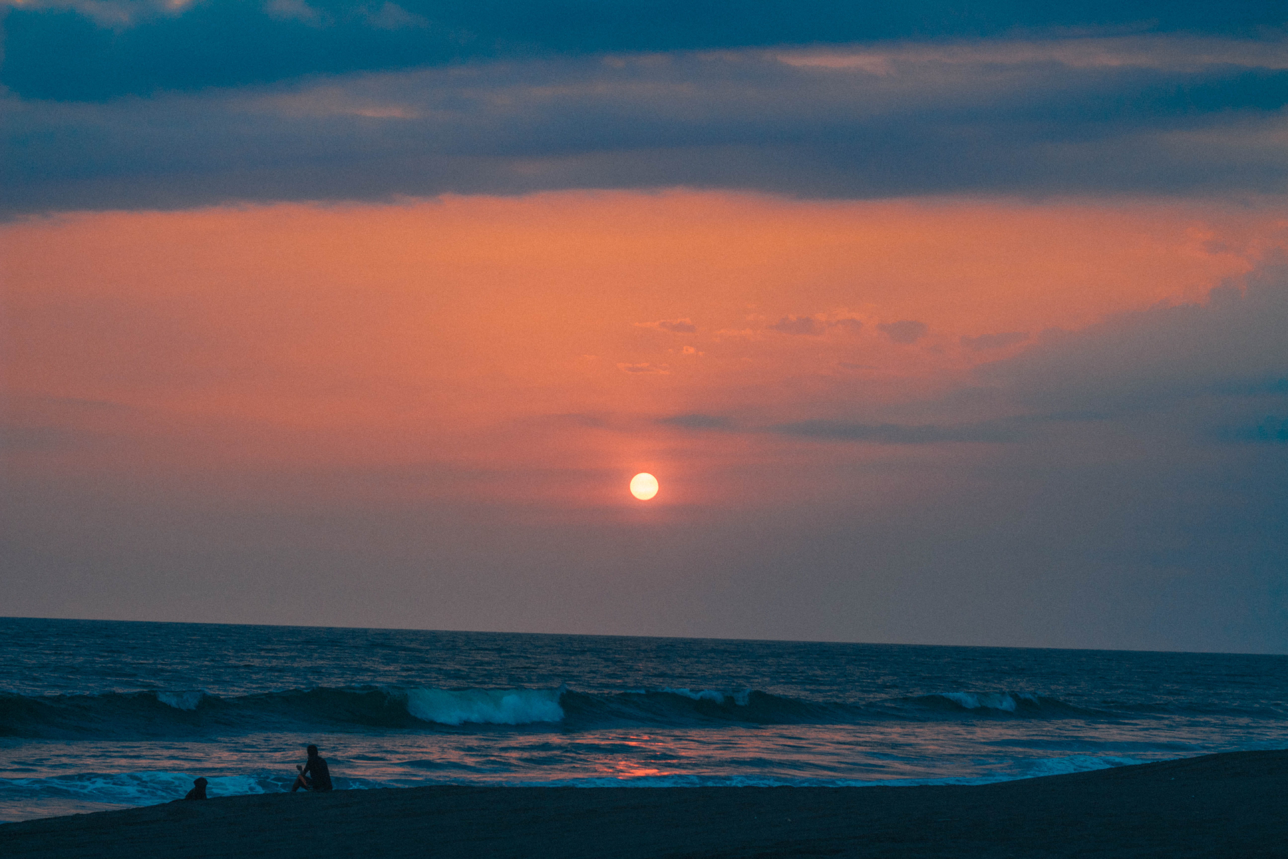sunset, scenics - nature, horizon, tranquility, human, weather, golden, dawn, tranquil scene, red sky, cloud - sky, flare, nature, leisure activities, beach, HD Wallpaper