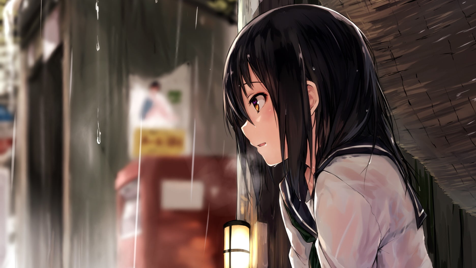 one person, leather, 720P, Rain, looking away, School Uniform, looking, black hair, beauty, portrait, women, real people, contemplation, Girl, side view, HD Wallpaper
