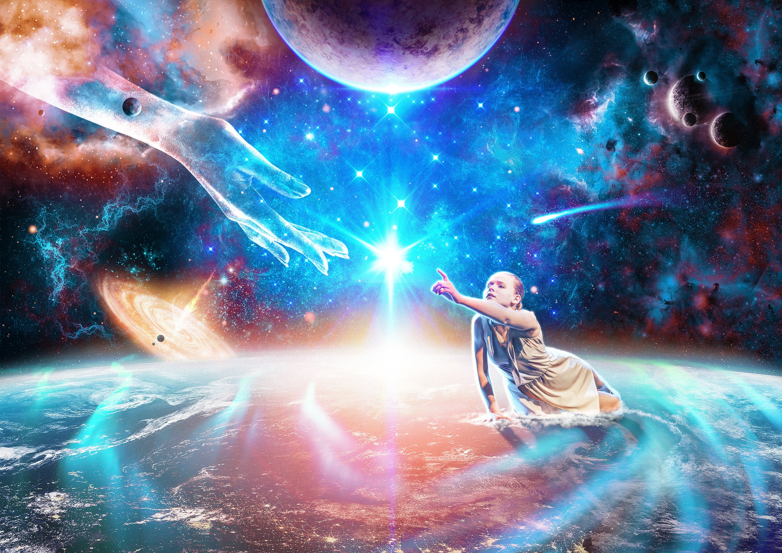 galaxy, hand, stars, planet, feelings, planets, Northern lights, earth, space, quasar, help, 2K, soul, Aurora, light, girl, HD Wallpaper