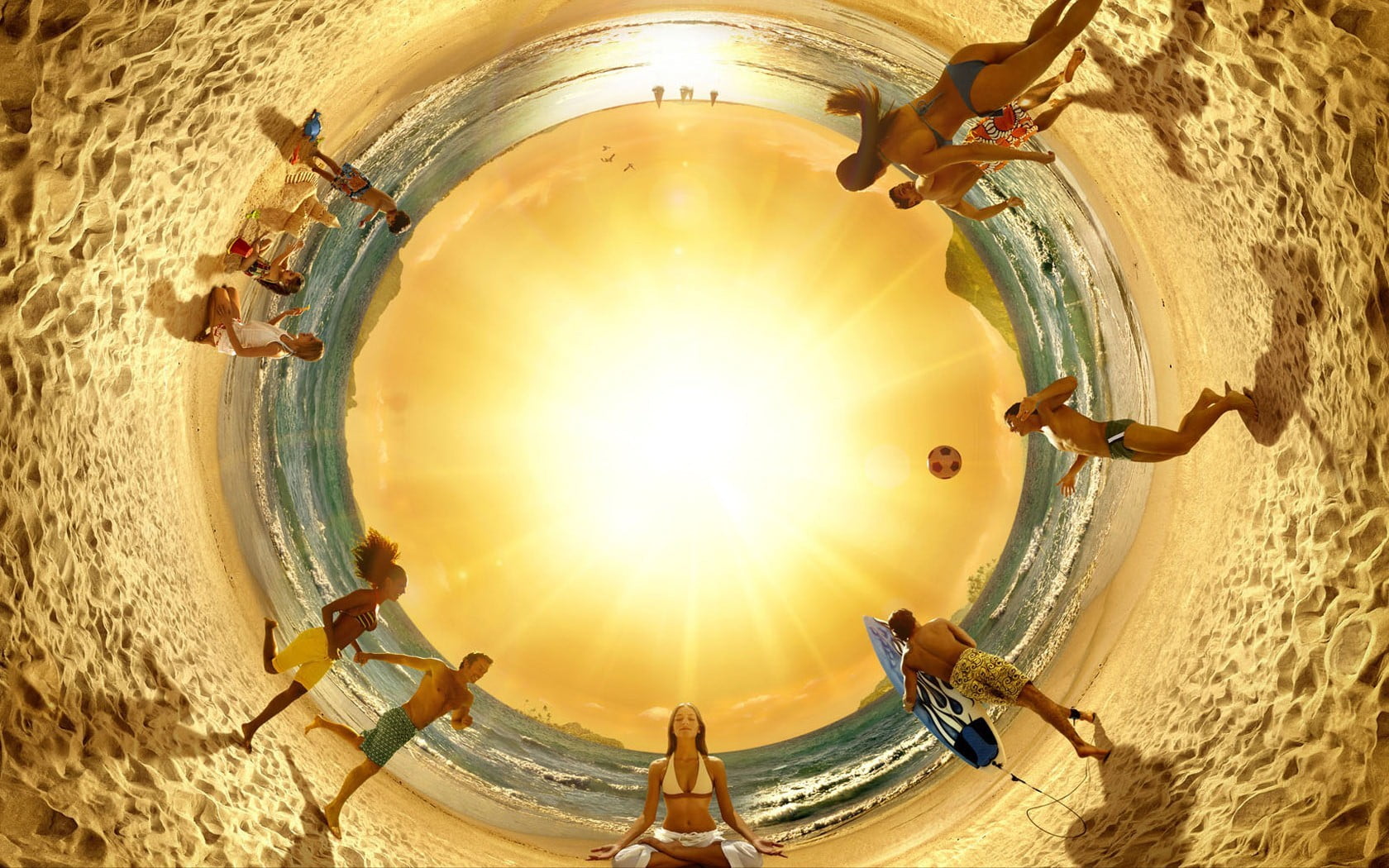 panoramic sphere, geometric shape, history, fish-eye lens, water, ceiling, sunlight, beach, arts culture and entertainment, lens flare, group of people, HD Wallpaper
