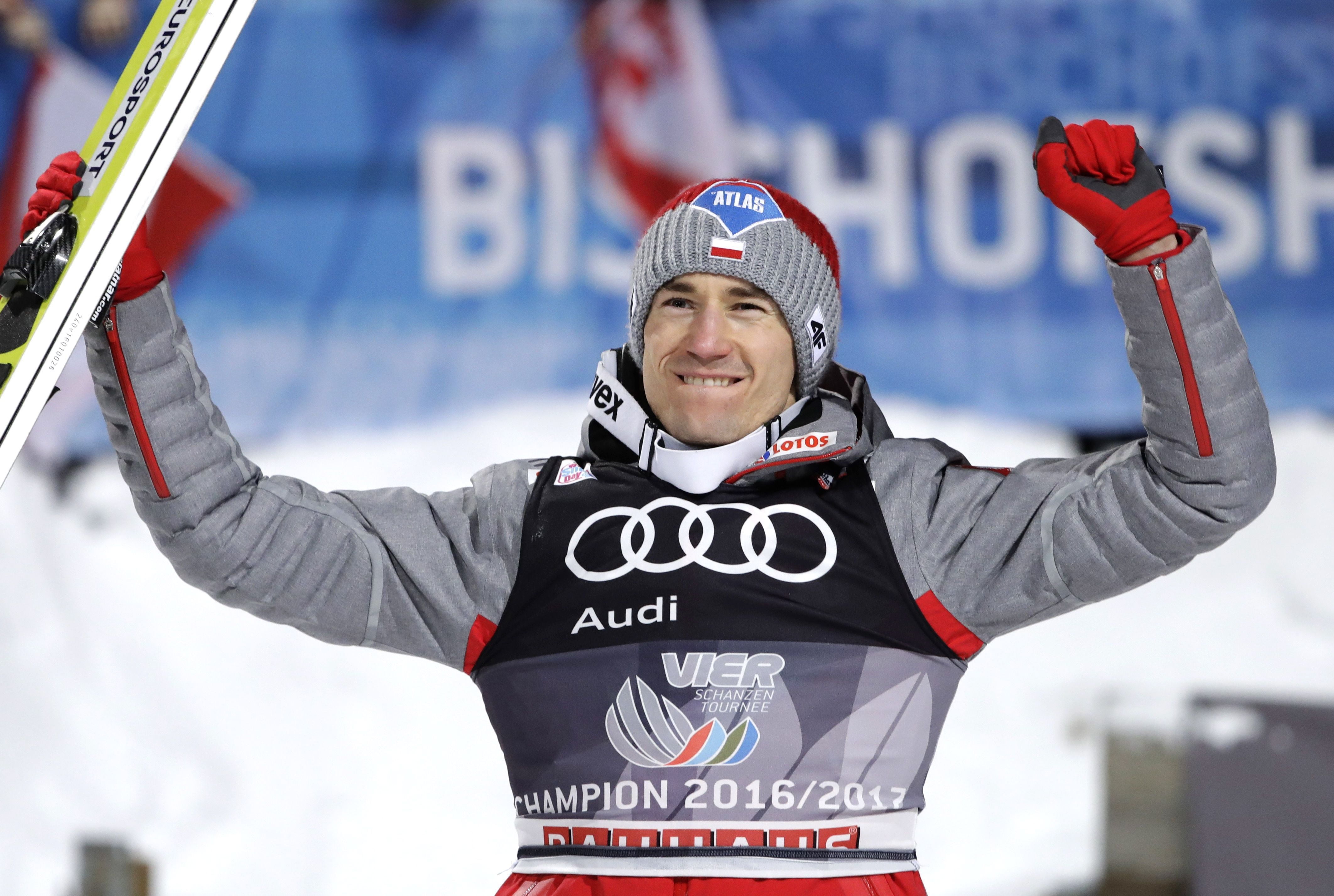 winter, warm clothing, human limb, Polish, limb, snow, human arm, one person, ski jumper, winter sport, Kamil Stoch, arms raised, looking at camera, front view, HD Wallpaper