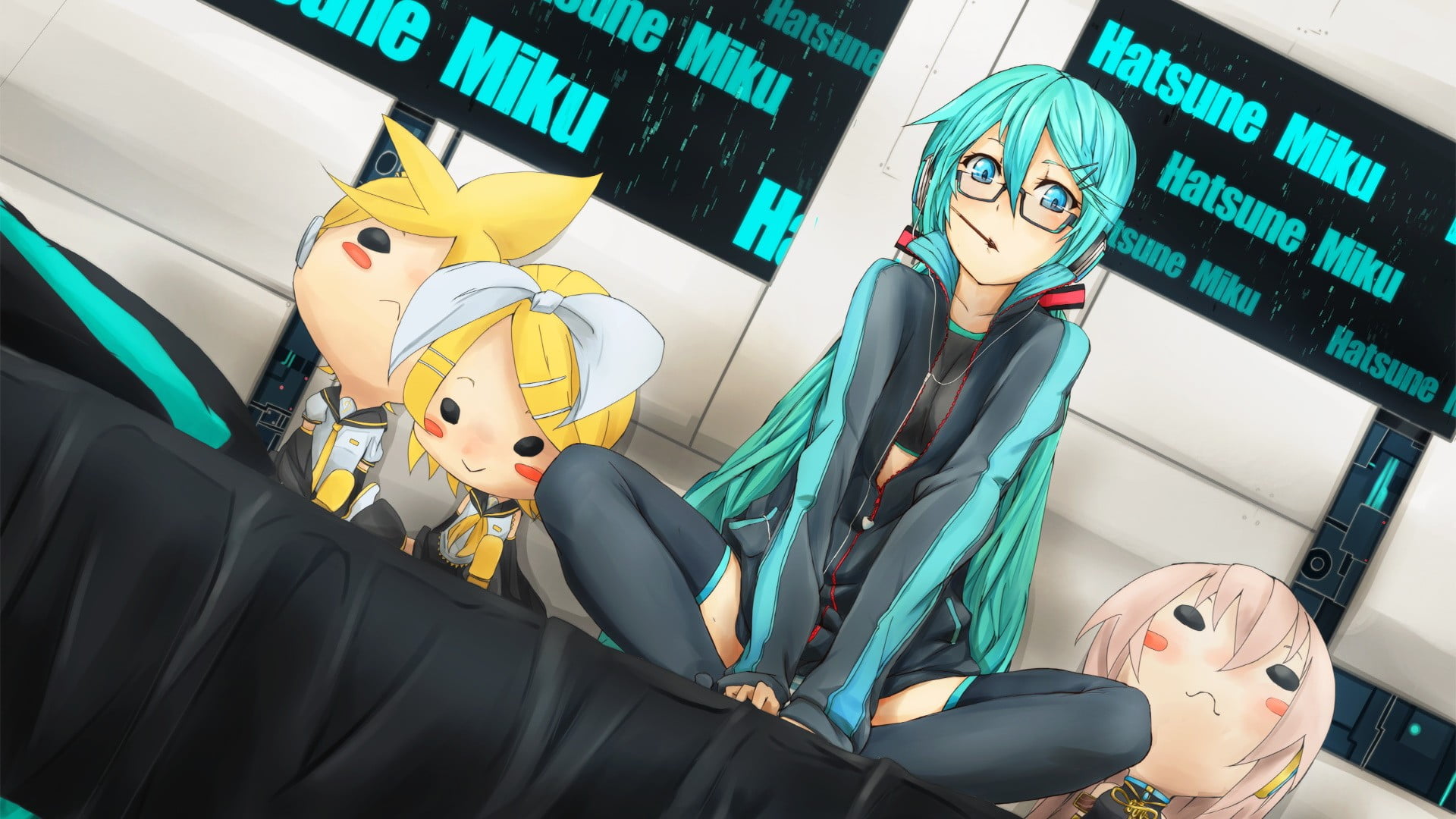 ribbon, Kagamine Len, twintails, sitting, characters, Megurine Luka, creativity, blue eyes, craft, disguise, representation, indoors, hair ornament, female likeness, HD Wallpaper