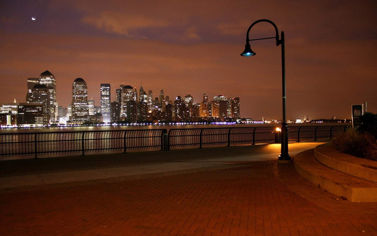 building, lights, cityscape, street light, architecture, tiles, night, Moon, city, clouds, skyscraper, street, 720P, water, fence, HD Wallpaper