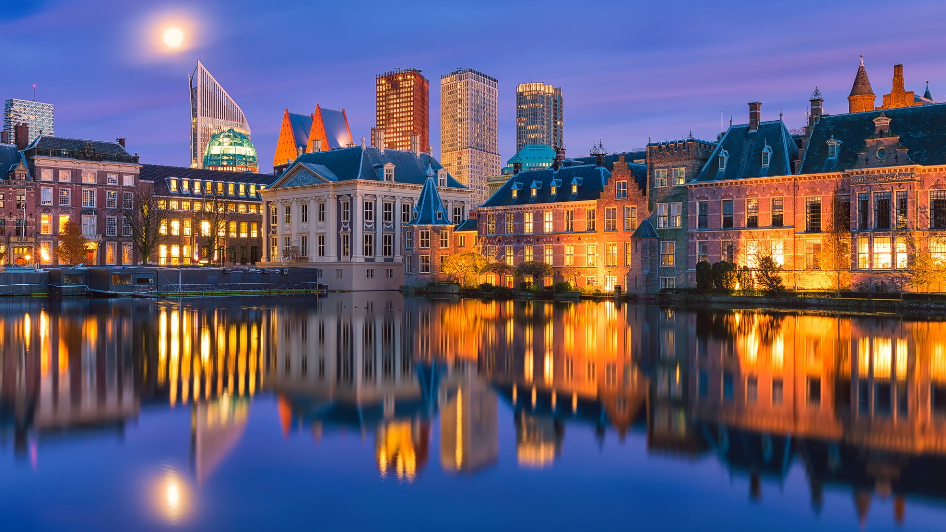 illuminated, Netherlands, Moon, water, canal, old building, trees, Haag, travel destinations, building exterior, urban skyline, no people, house, modern, HD Wallpaper