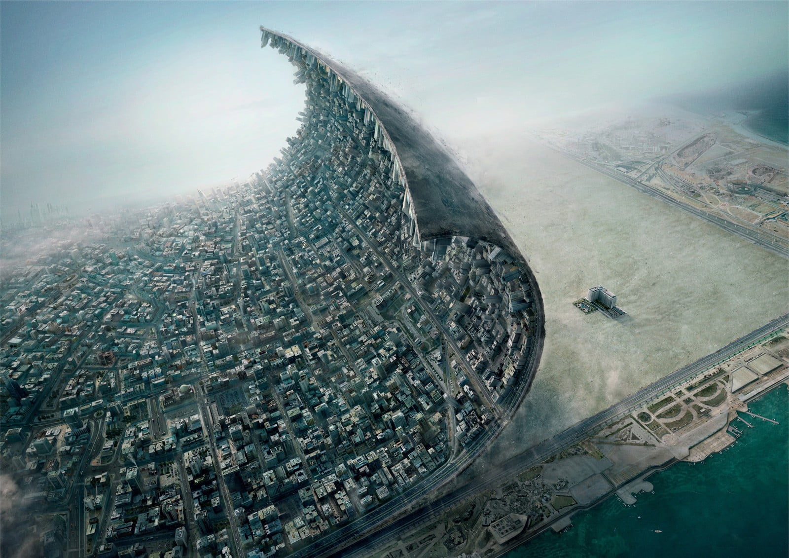 digital, digital art, 720P, sky, water, city, sea, aerial view, building exterior, office building exterior, architecture, nature, transportation, building, HD Wallpaper