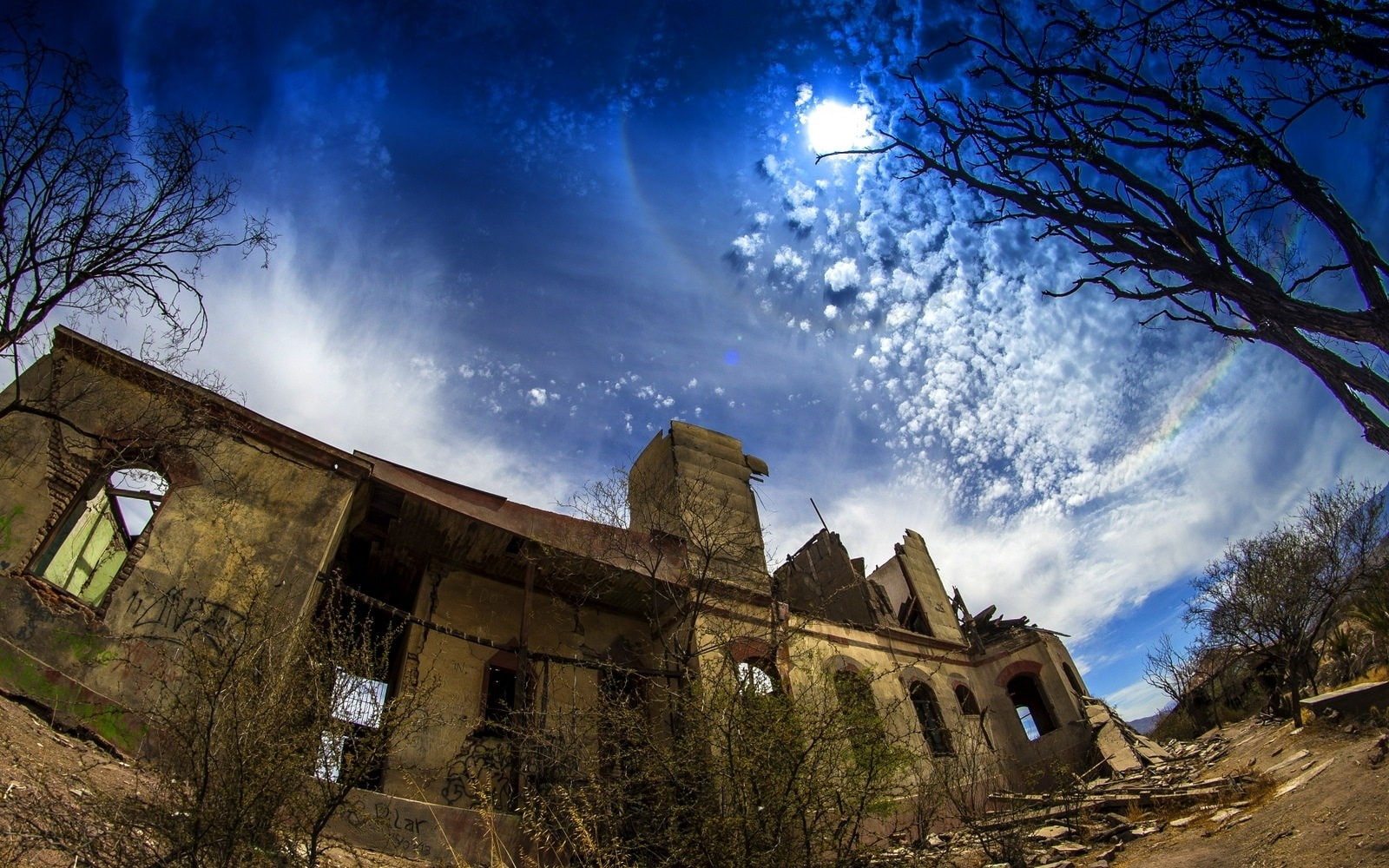 the past, built structure, ruins, low angle view, cloud - sky, ruined, history, 720P, plant, blue, building, landscape, bare tree, nature, trees, sunlight, HD Wallpaper