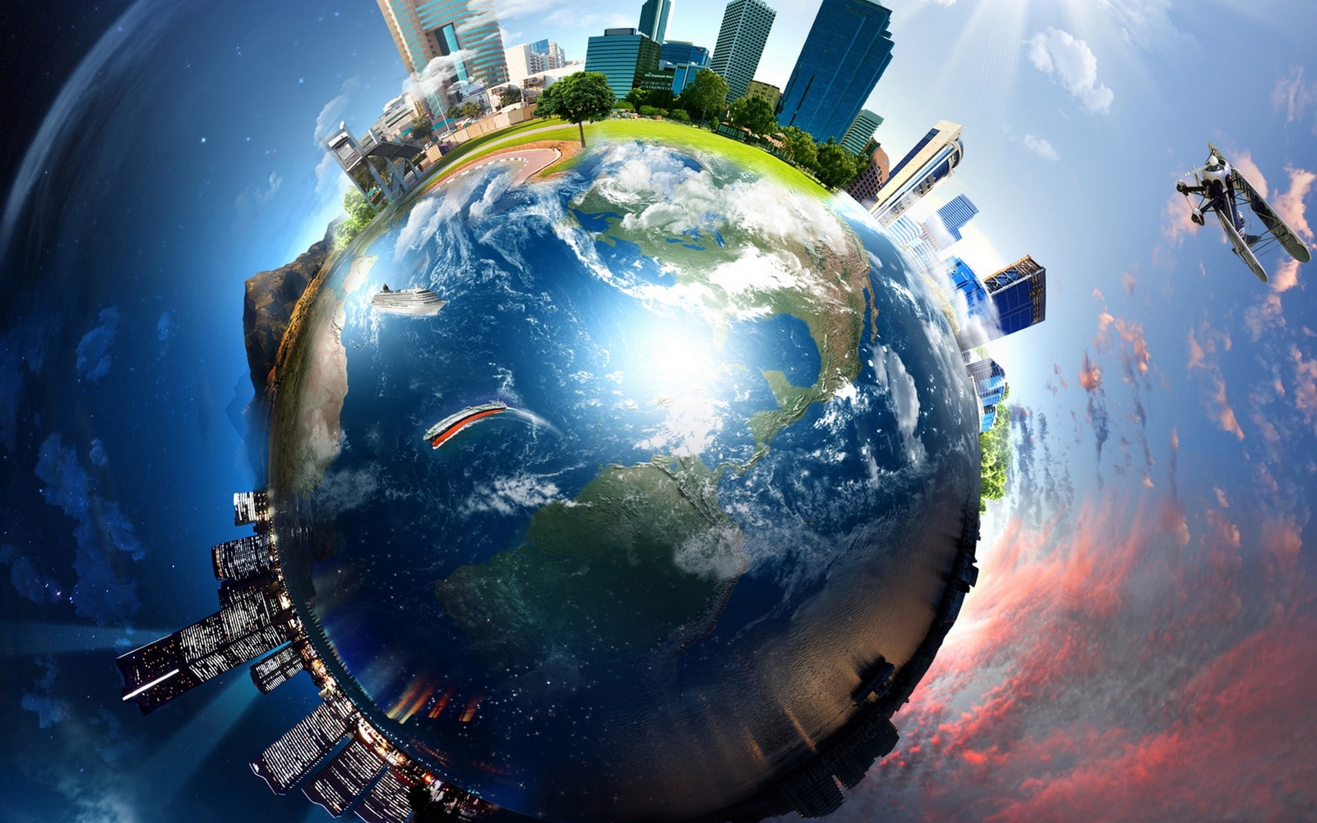 reflection, no people, space, fish-eye lens, planet - space, Fisheye Lens, skyscraper, digital composite, 3d, day, globe - man made object, 1080P, building, HD Wallpaper