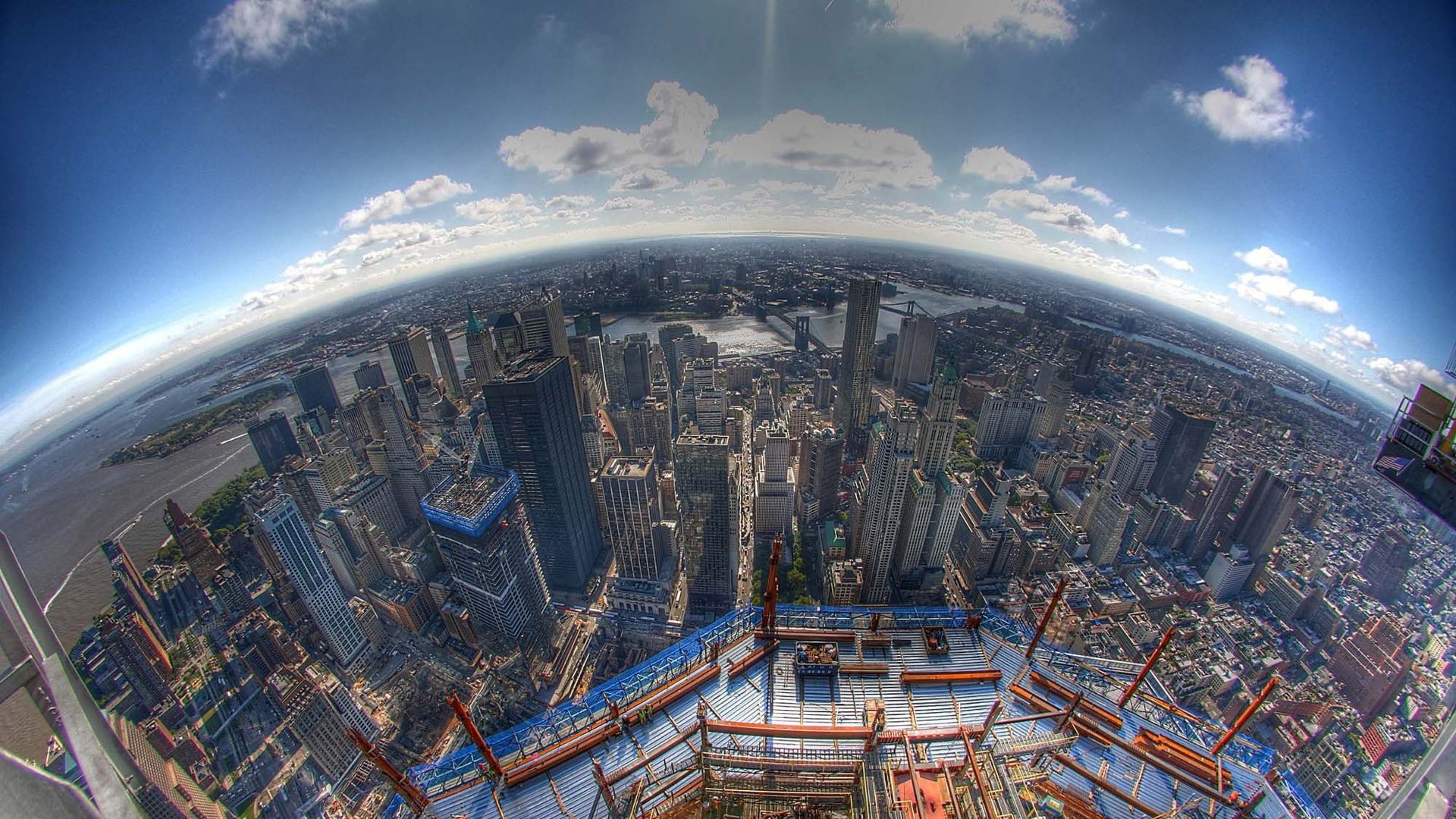 city, aerial view, water, landscape, building, fish-eye lens, skyscraper, no people, cityscape city architecture skyscraper building birds eye view new york city usa fisheye lens construction site clouds sunlight river street bridge one world trade center, HD Wallpaper