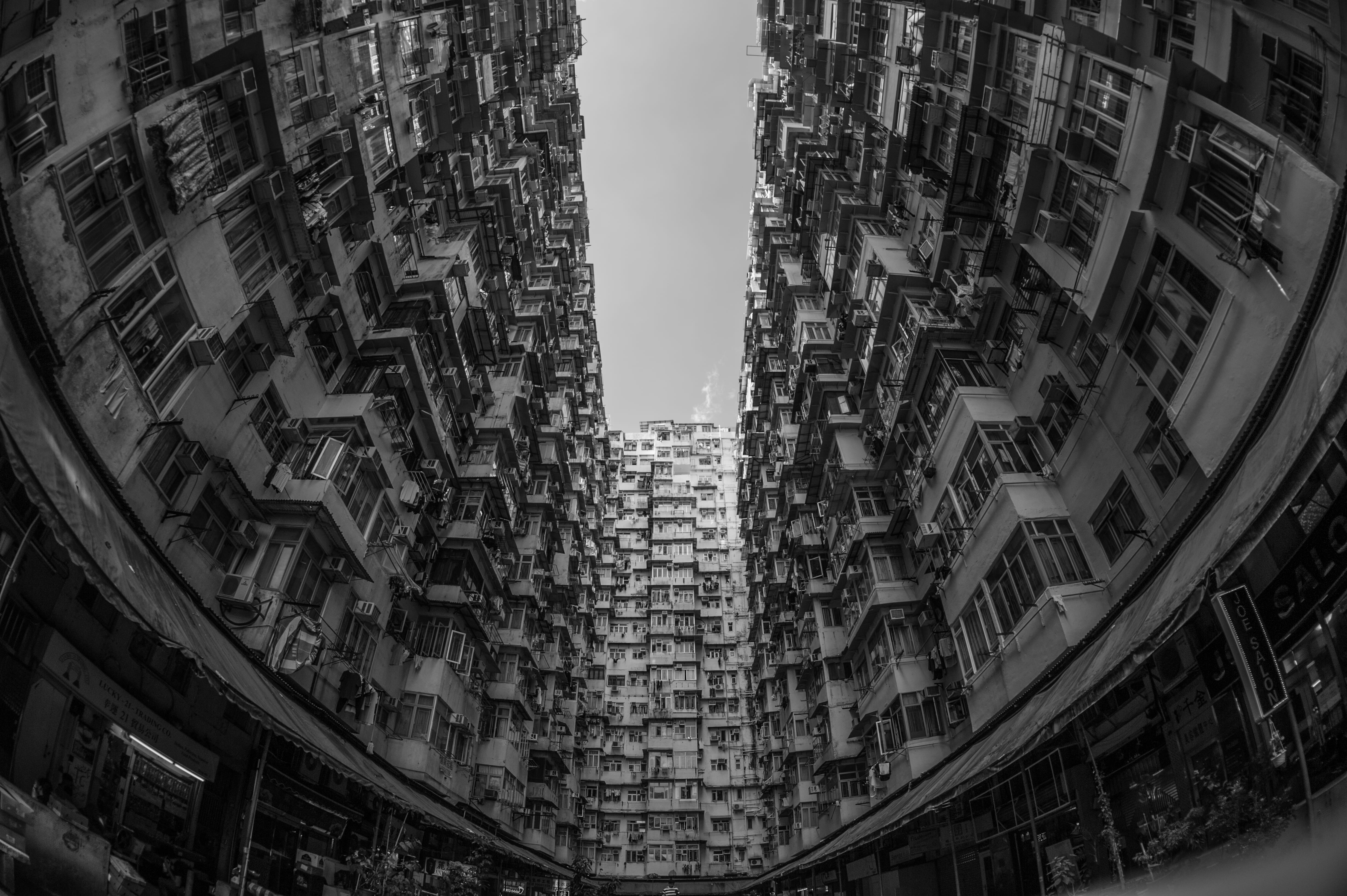 low angle view, outdoors, architecture, nature, residential district, window, black, sky, hong kong, built structure, city, fisheye, white, skyscraper, HD Wallpaper