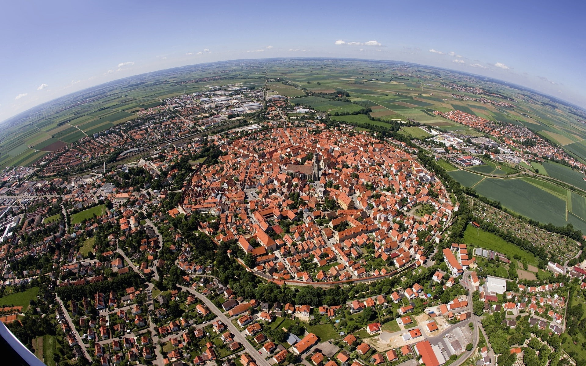 townscape, city, aerial view, fish-eye lens, water, nature, town, building exterior, city cityscape germany birds eye view nordlingen, outdoors, tree, 1080P, HD Wallpaper