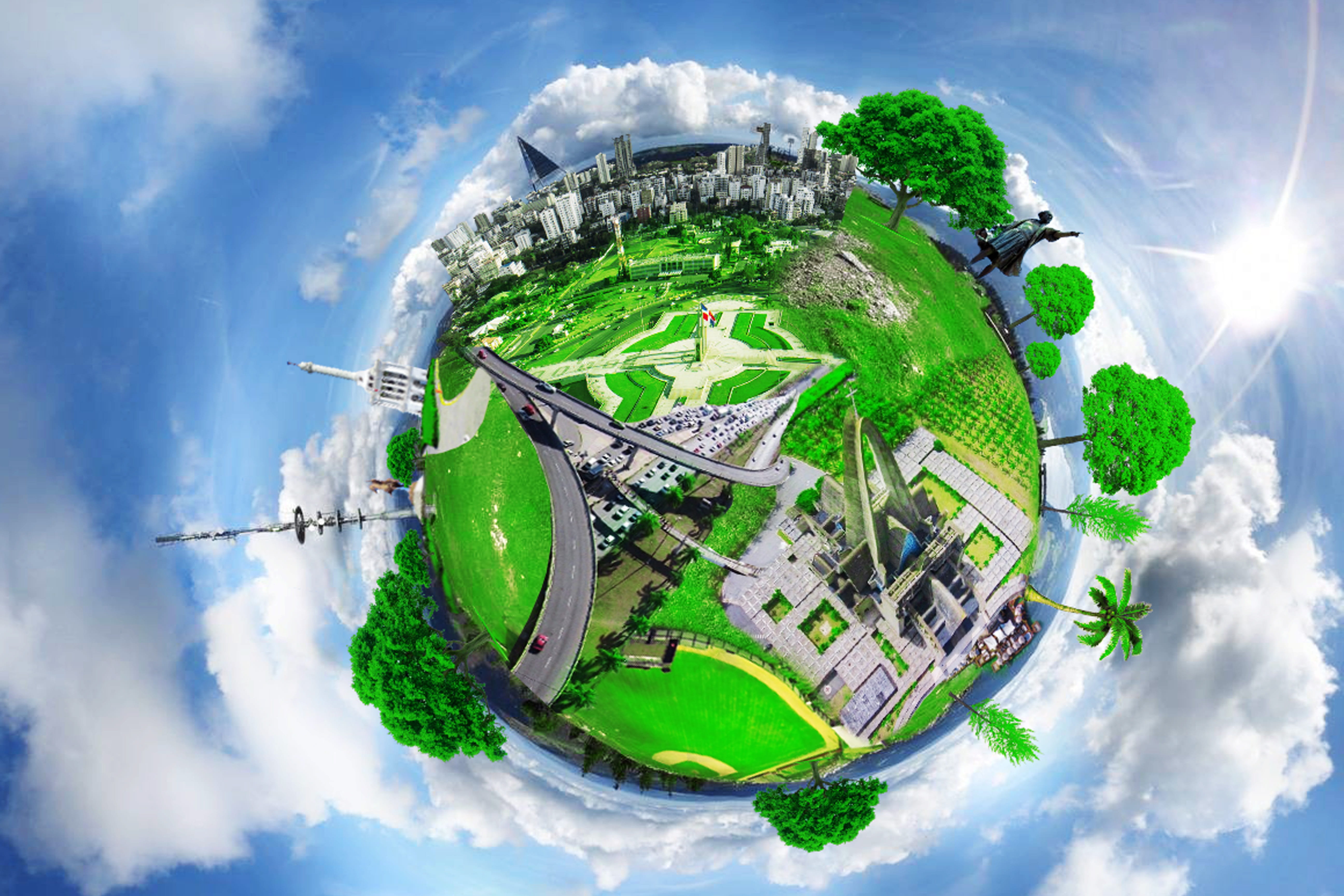 country, green, building, planet earth, travel, green color, fish-eye lens, palms, day, architecture, global communications, business, no people, city, HD Wallpaper