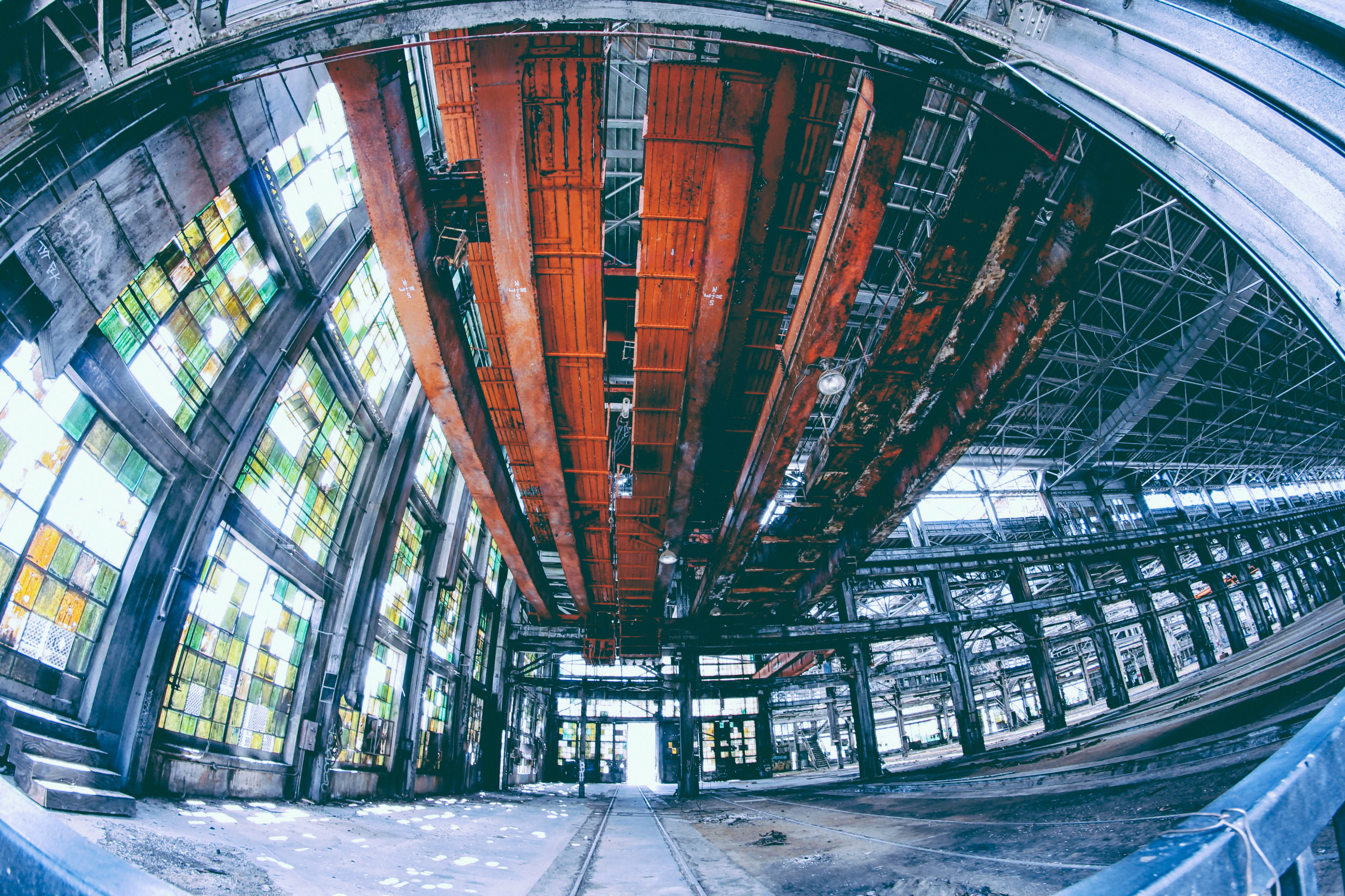structure, empty, day, fish-eye lens, 5K, arch, indoors, nature, architectural column, mode of transportation, crane, metal, architectural, photography, HD Wallpaper
