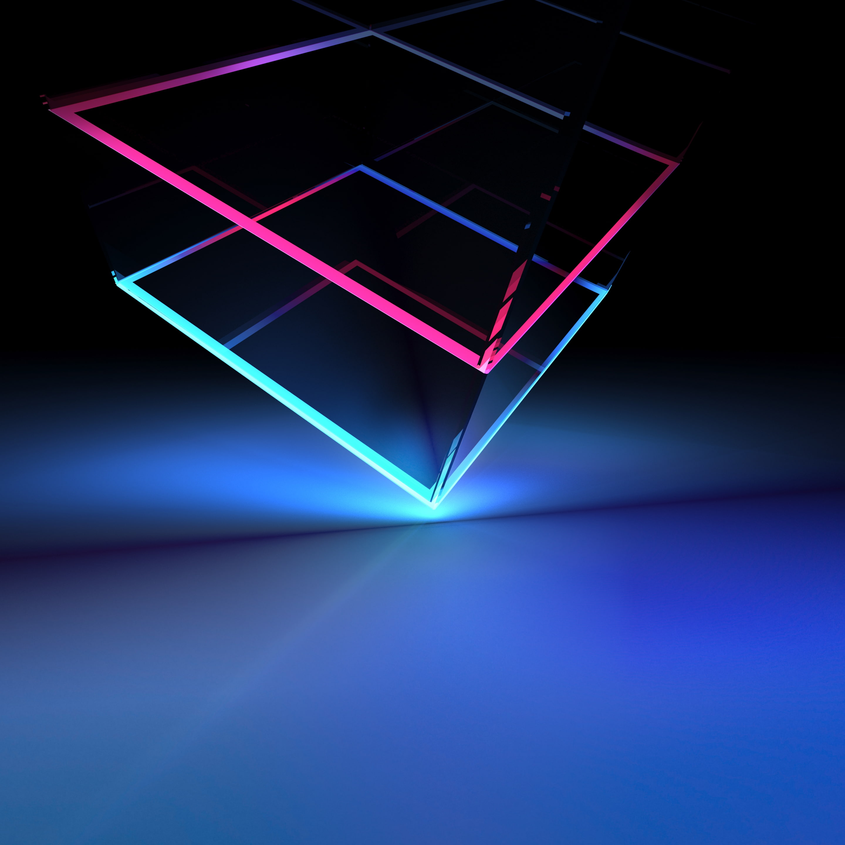 Cube, 2K, Neon, Light, Blue, Stock, 3D, HTC U12 Plus, Phone HD Wallpaper