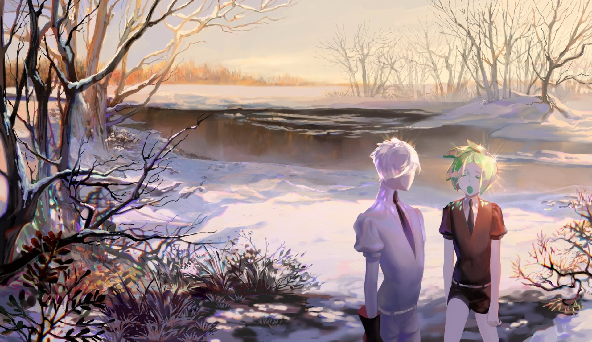 bare tree, snow, people, 1080P, standing, day, rear view, lake, cold temperature, tree, water, women, clothing, winter, Phosphophyllite (Houseki no Kuni), HD Wallpaper