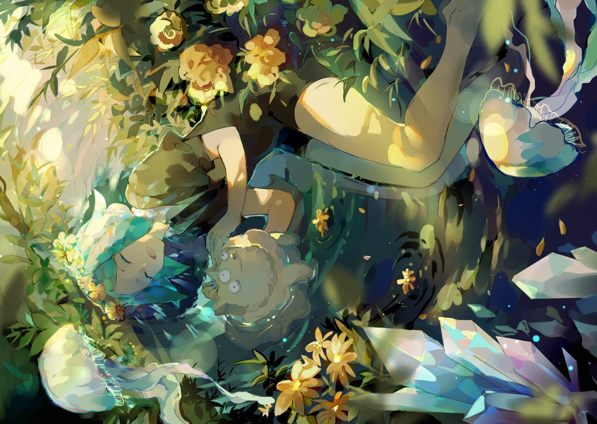 Anime, multi colored, freshness, leaf, backgrounds, Houseki no Kuni, full frame, inflorescence, beauty in nature, no people, Phosphophyllite (Houseki no Kuni), HD Wallpaper