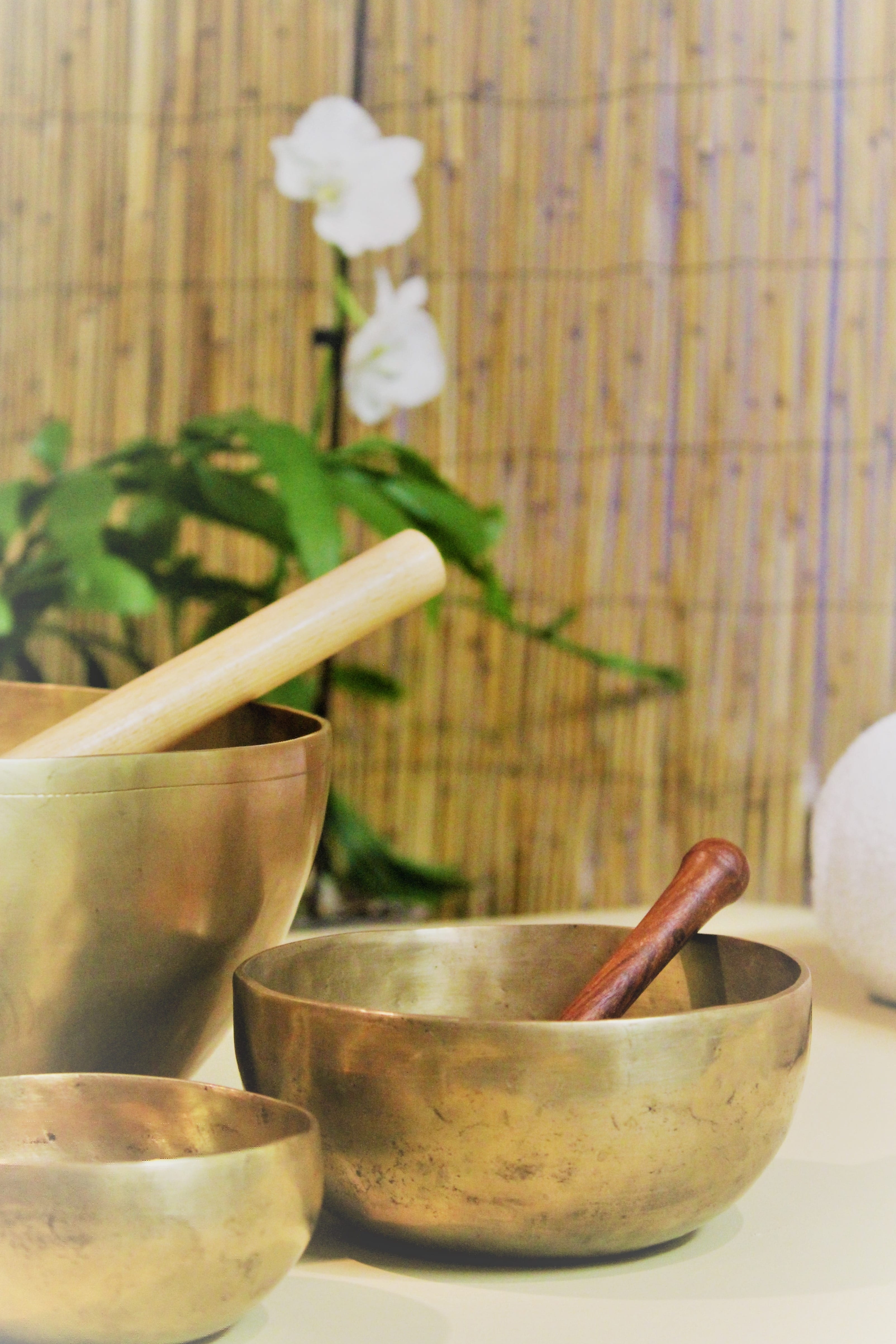 sound therapy, indoors, table, container, singing bowl, singing, selective focus, eating utensil, massage, oriental, freshness, surface, beige, plant, focus on foreground, Phone HD Wallpaper