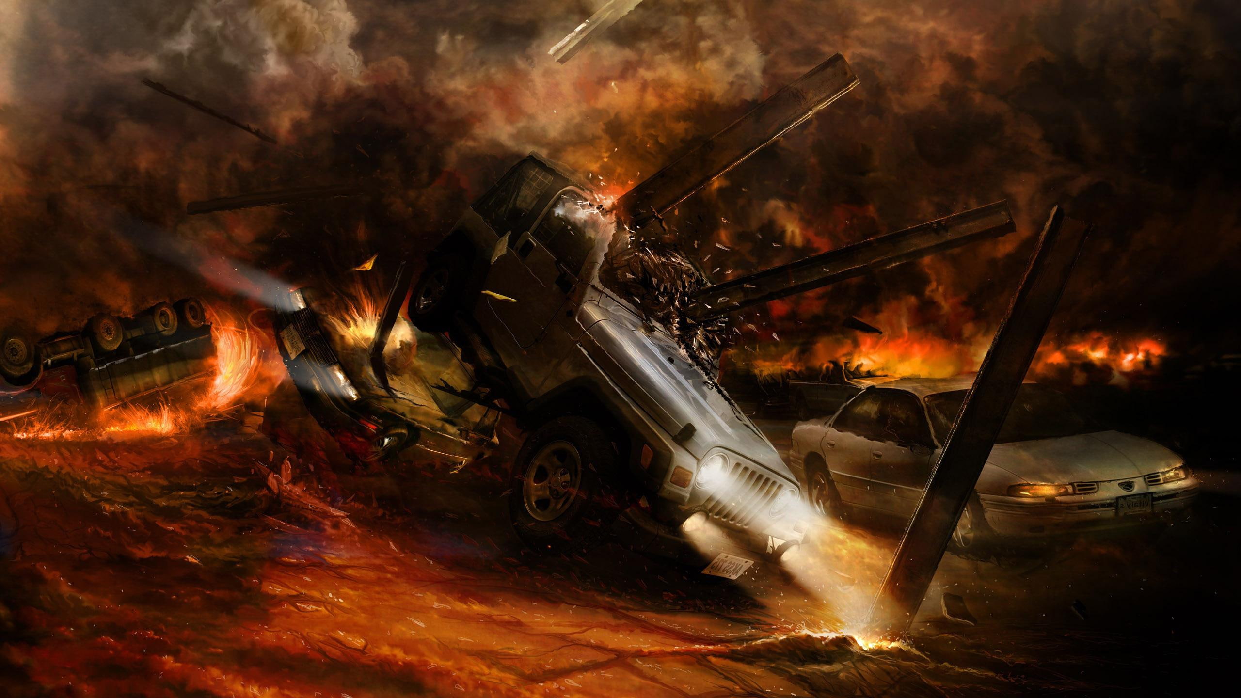 fantasy, destroyed, 2560x1440, apocalypse, automobile, explosion, helicopter, cars, 2K, car, crash, HD Wallpaper