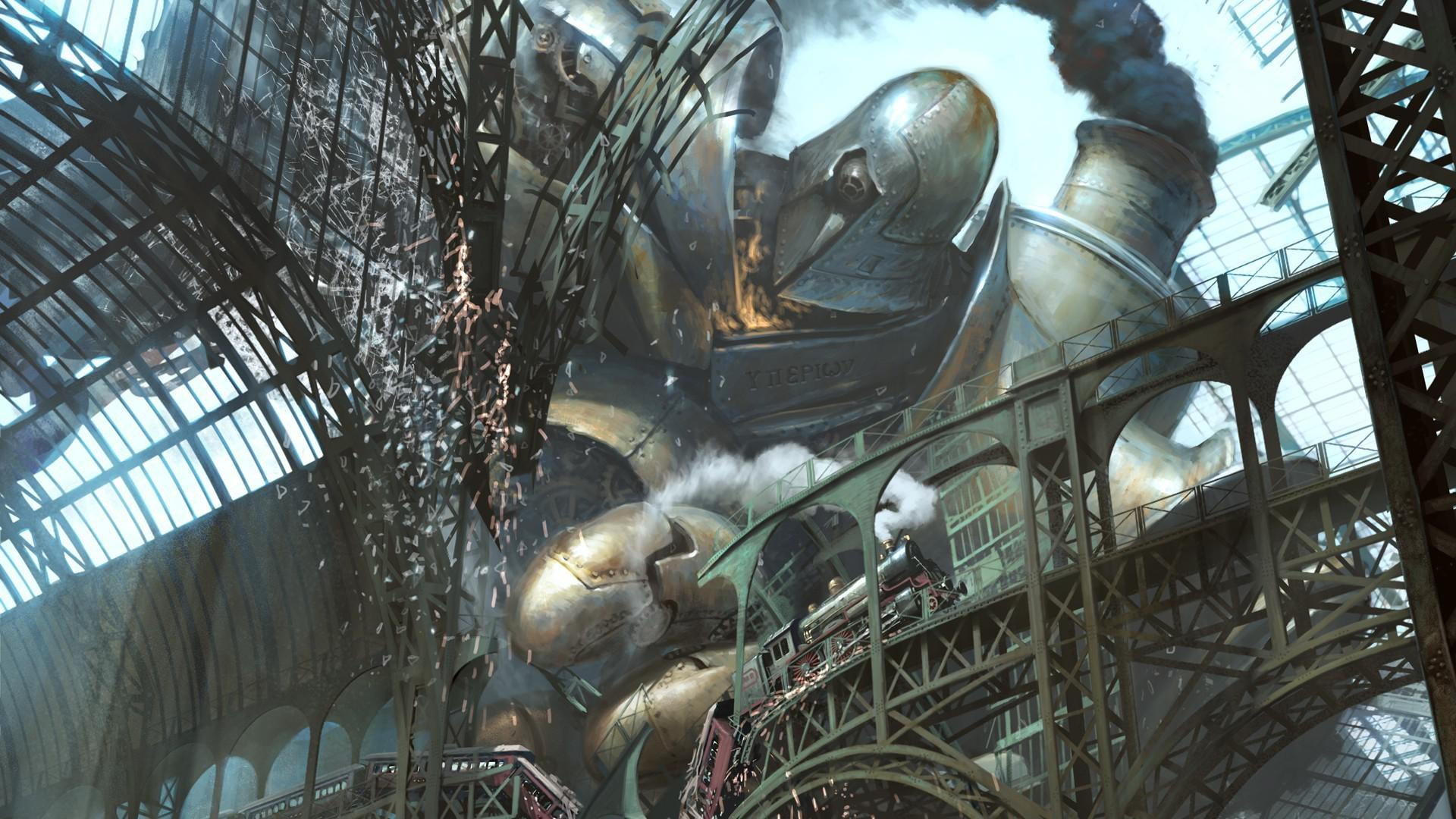 1080P, game, steampunk, destroying, 1920x1080, robot, building, train, poster, bridge, giant, city, fantasy, HD Wallpaper