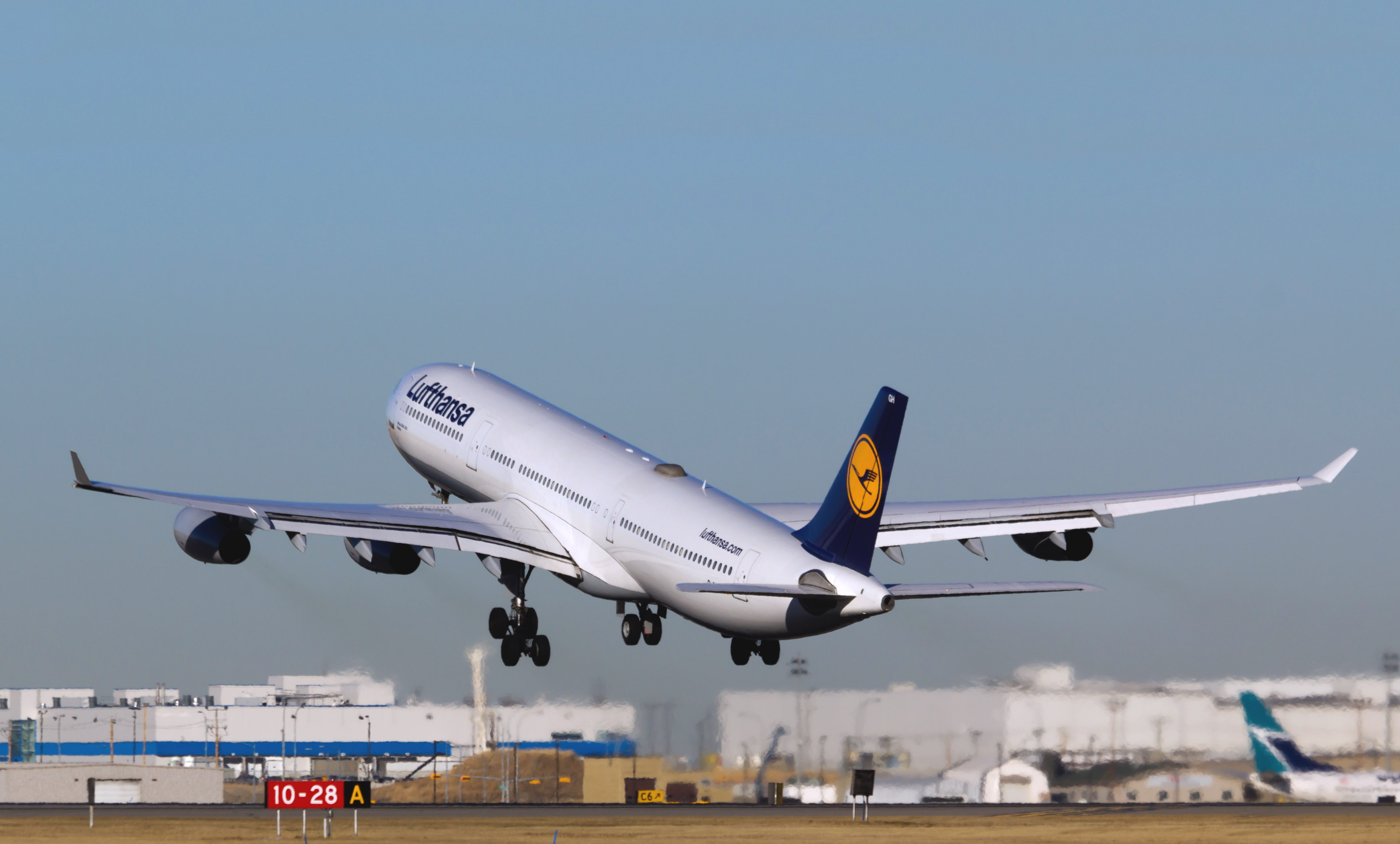 The rise, white, aerospace industry, A340, arrival, Airliner, mode of transportation, transportation, air vehicle, airport, copy space, clear sky, Day, HD Wallpaper
