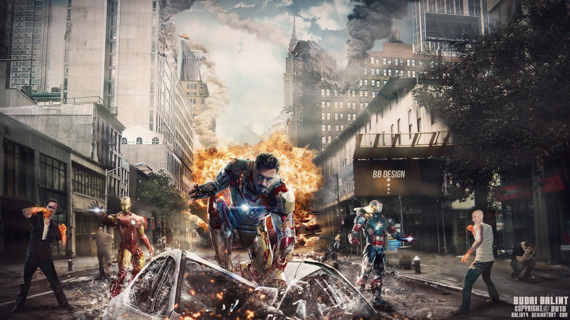 destroyed, robert, explosions, 1080P, downey, cars, york, man, iron, patriot, city, HD Wallpaper