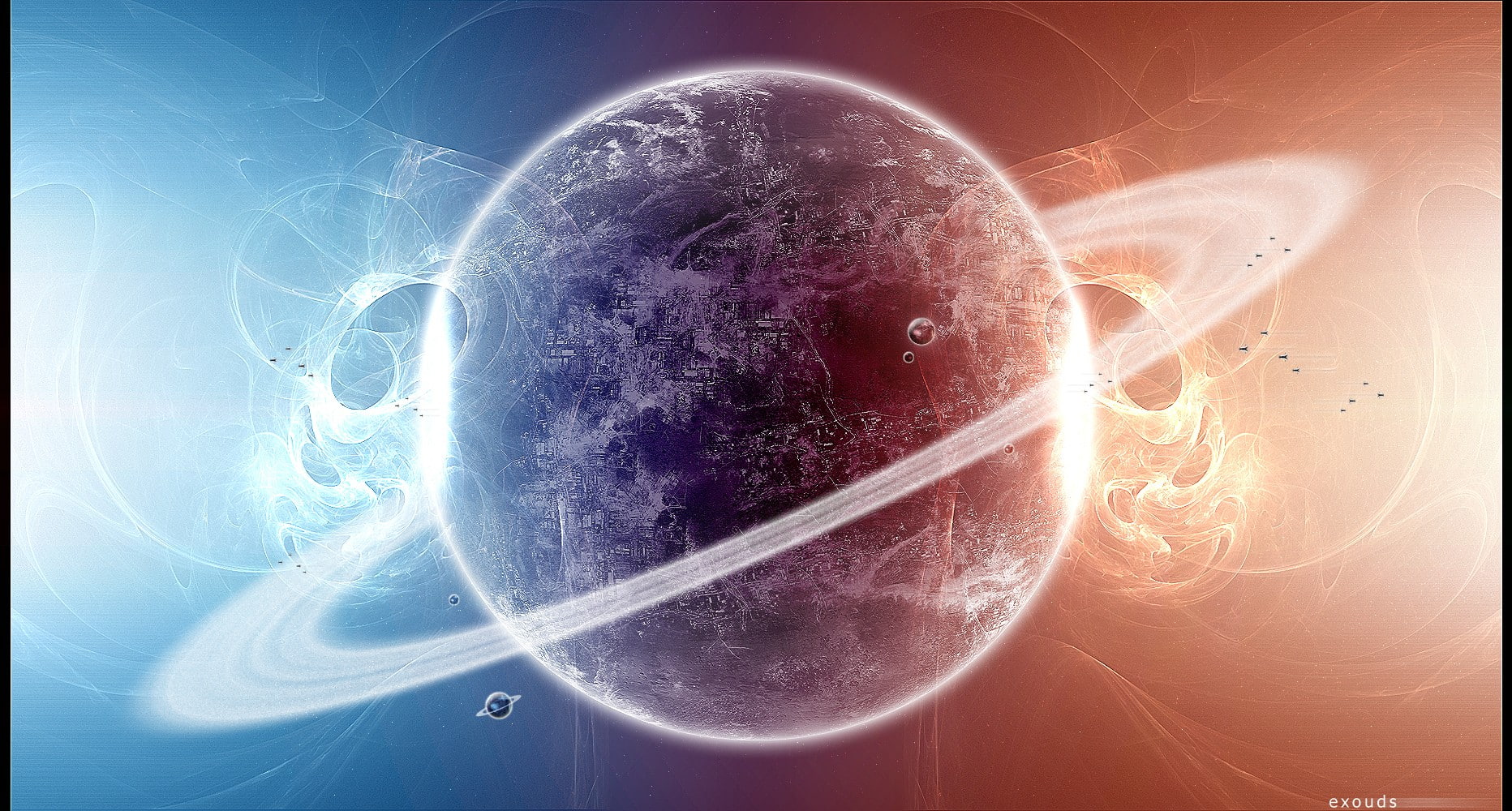 close-up, communication, space art, digital composite, planet, global communications, space, purple, planetary rings, glowing, science, astronomy, technology, HD Wallpaper