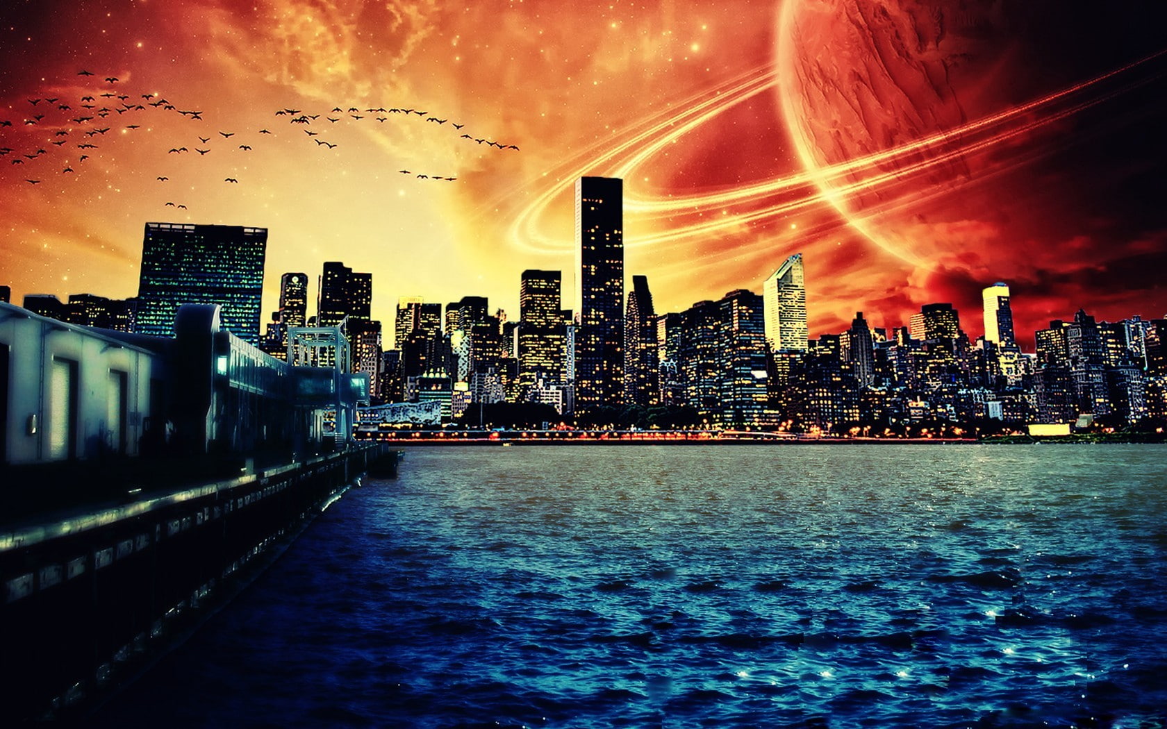 digital art, water, cityscape, space art, 720P, planetary rings, planet, HD Wallpaper