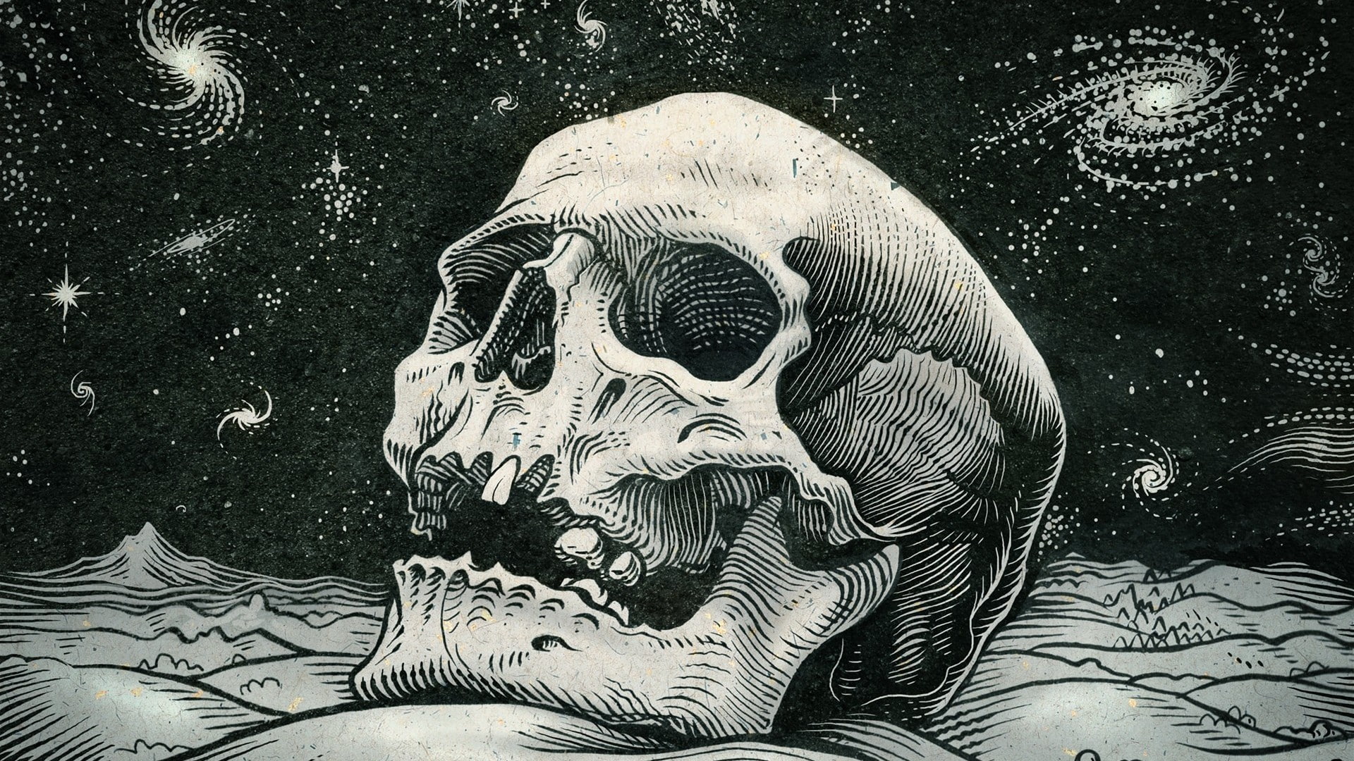 galaxy, stars, skull, teeth, monochrome, space, 1080P, drawing, digital art, artwork, spiral galaxy, hills, HD Wallpaper