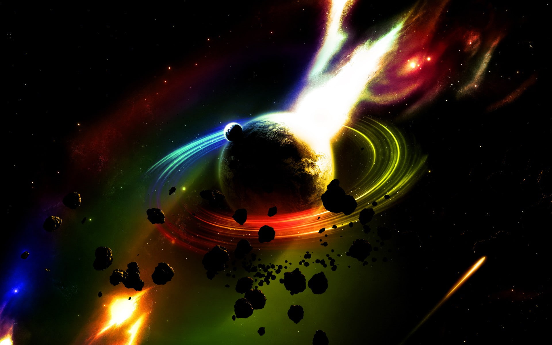 planet, 1080P, asteroid, planetary rings, space, HD Wallpaper