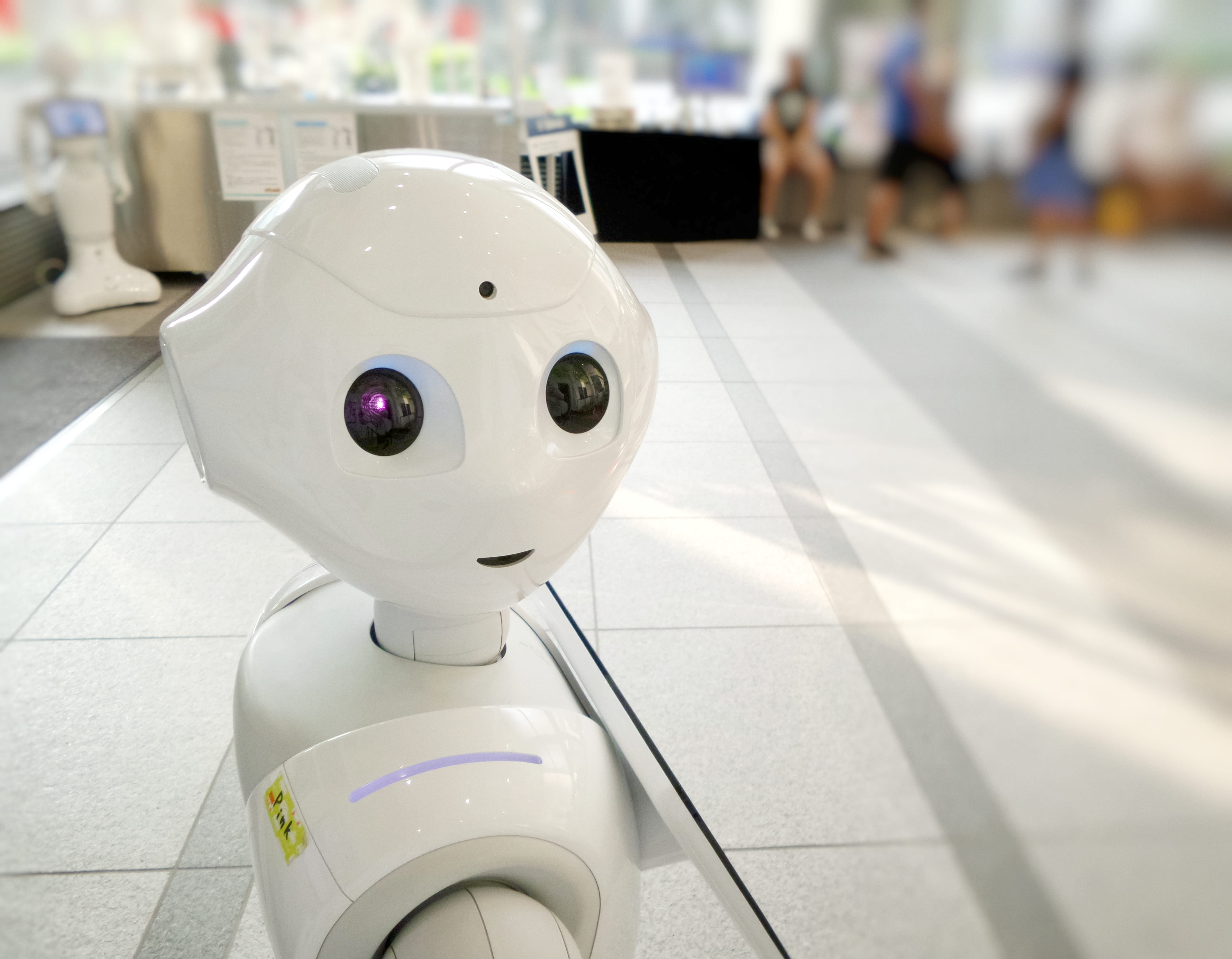 tiled floor, eye, incidental people, white, android, human representation, smile, head, face, ai, plastic, table, mascot, close-up, day, sculpture, technology, HD Wallpaper