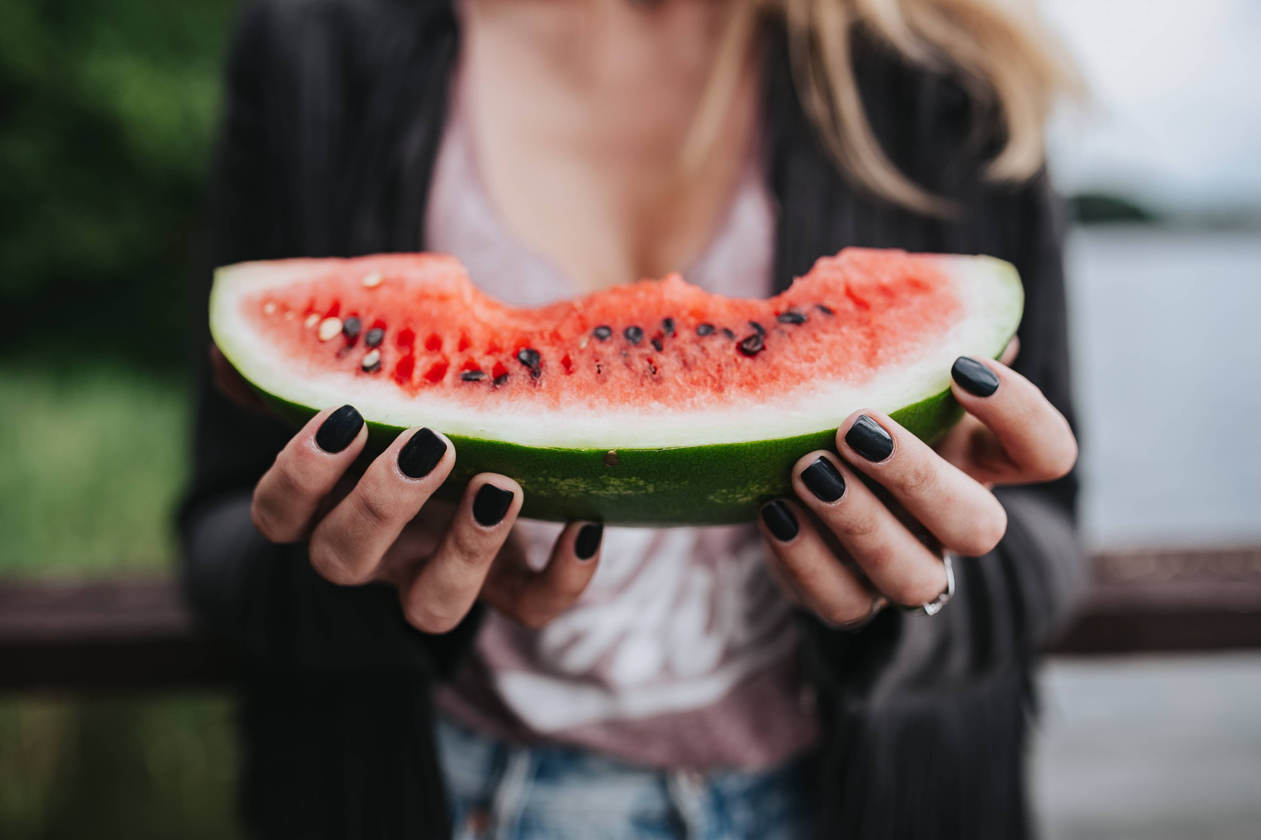 pretty, women, gourmet, slice, casual clothing, refreshment, outdoors, day, Blonde, freshness, jacket, melon, watermelon, close-up, eating, jetty, beautiful, HD Wallpaper