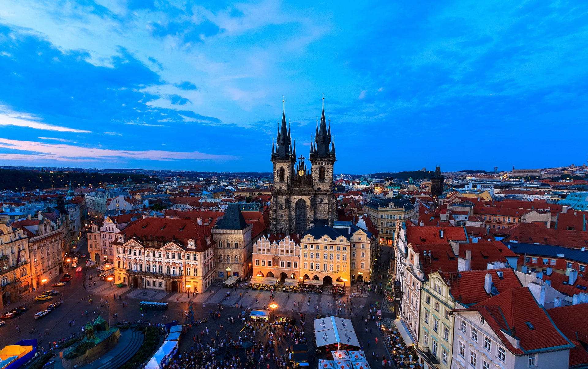 city, building exterior, religion, illuminated, high angle view, travel destinations, Prague, architecture, blue, sky, building, nature, tower, 1080P, HD Wallpaper