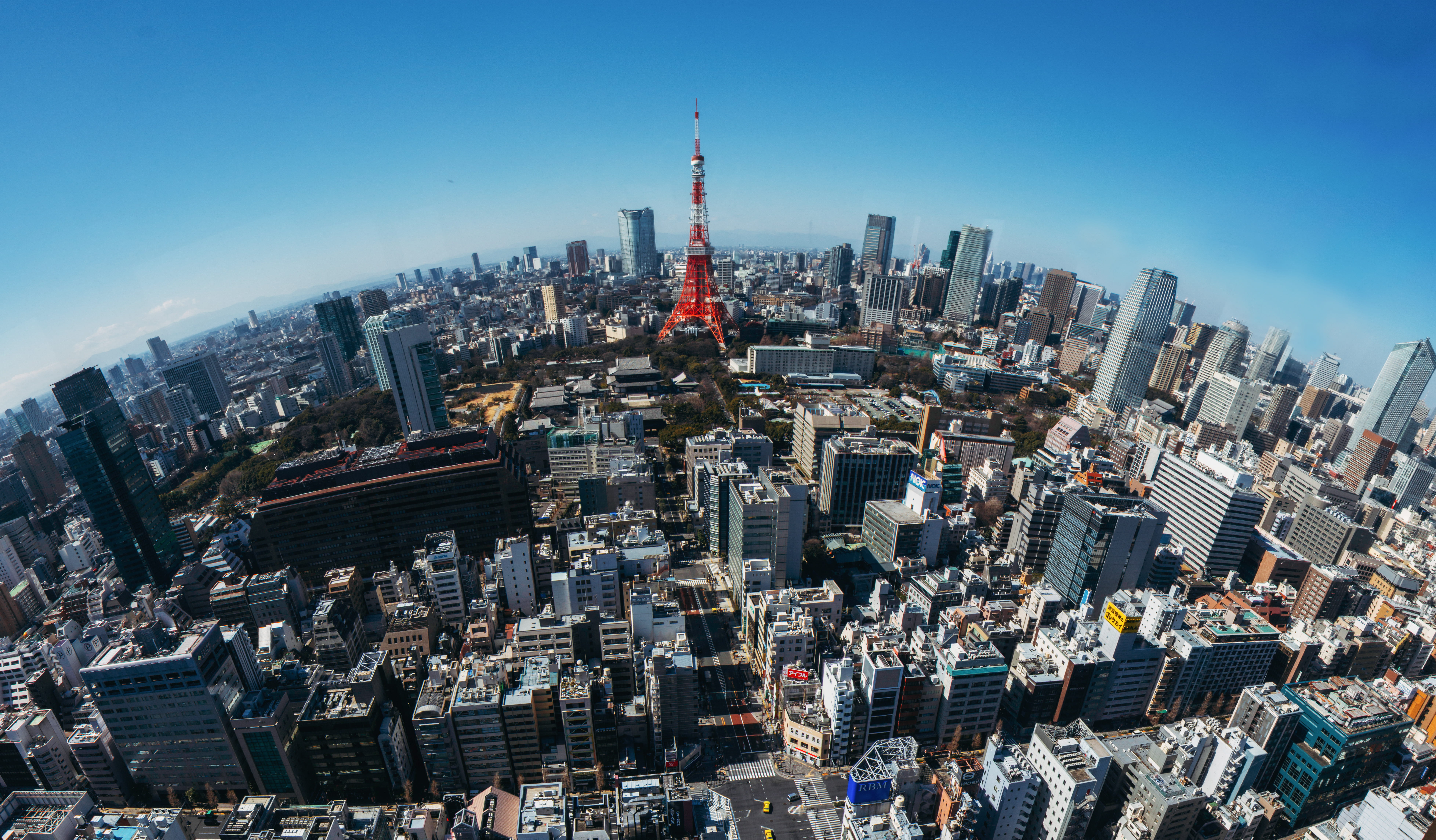 tokyo, residential district, aerial, japan, daytime, red, building exterior, spire, fisheye, travel destinations, fish, architecture, built structure, buildings, HD Wallpaper