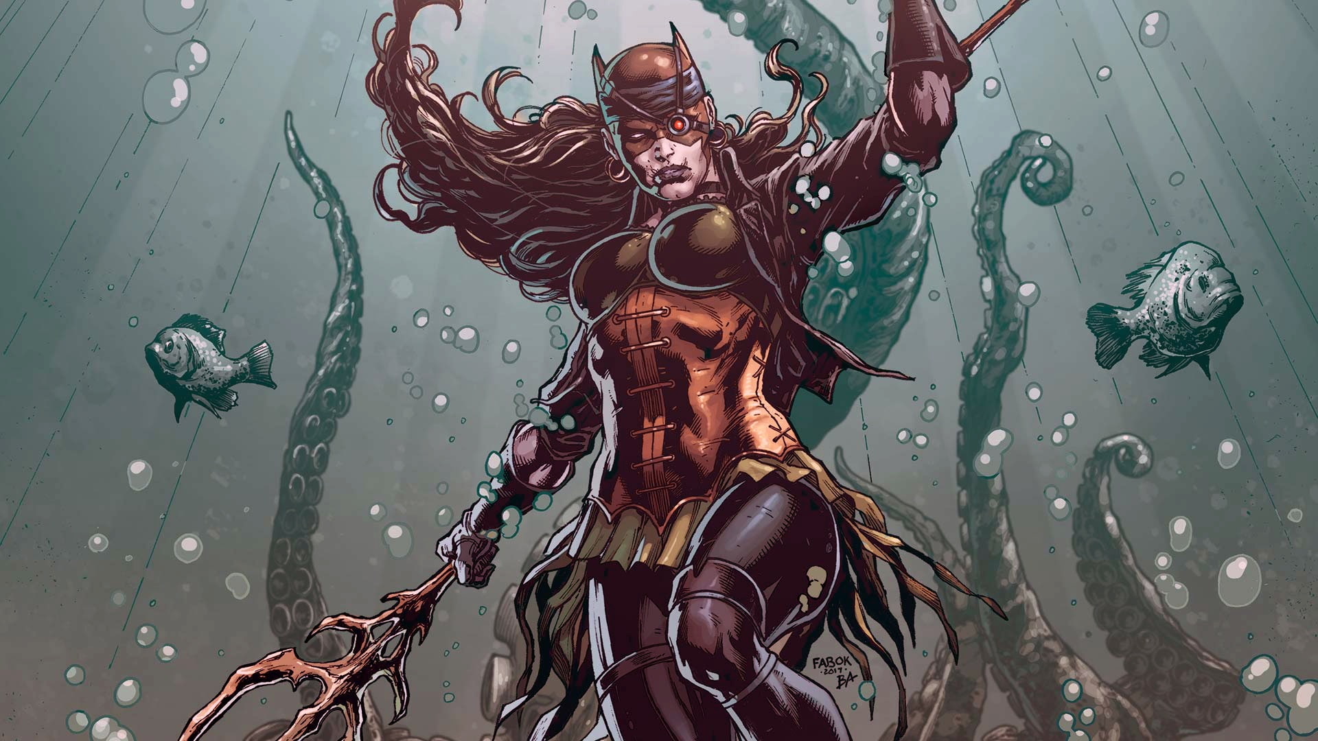 artwork, fantasy art, superhero, mask, dark multiverse, bandage, fantasy, Batwoman, fish, DC Comics, drowned, comics, 1080P, underwater, HD Wallpaper