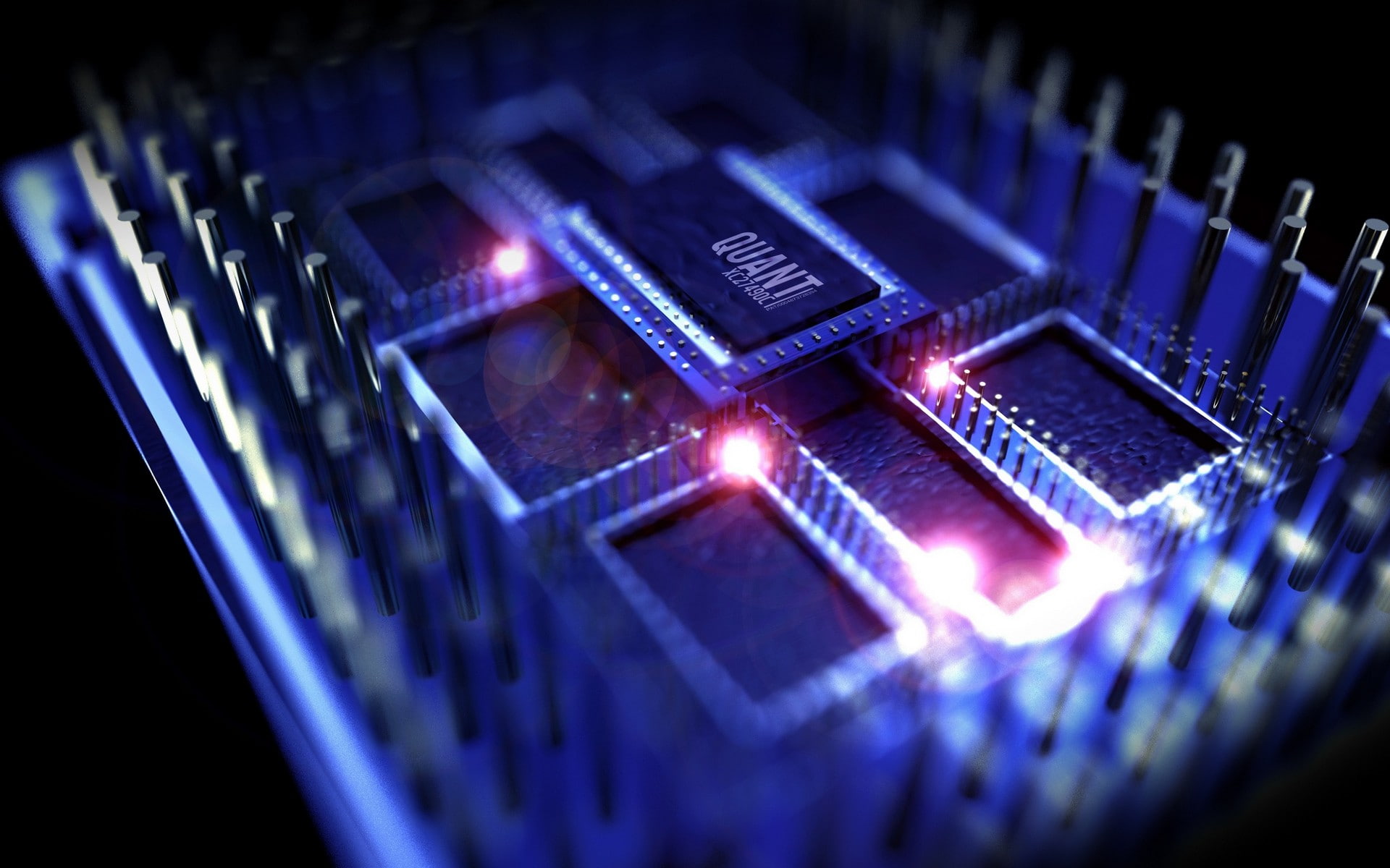 metal, light - natural phenomenon, selective focus, studio shot, indoors, 1080P, illuminated, electrical equipment, CPU, reflection, dark blue, black background, HD Wallpaper