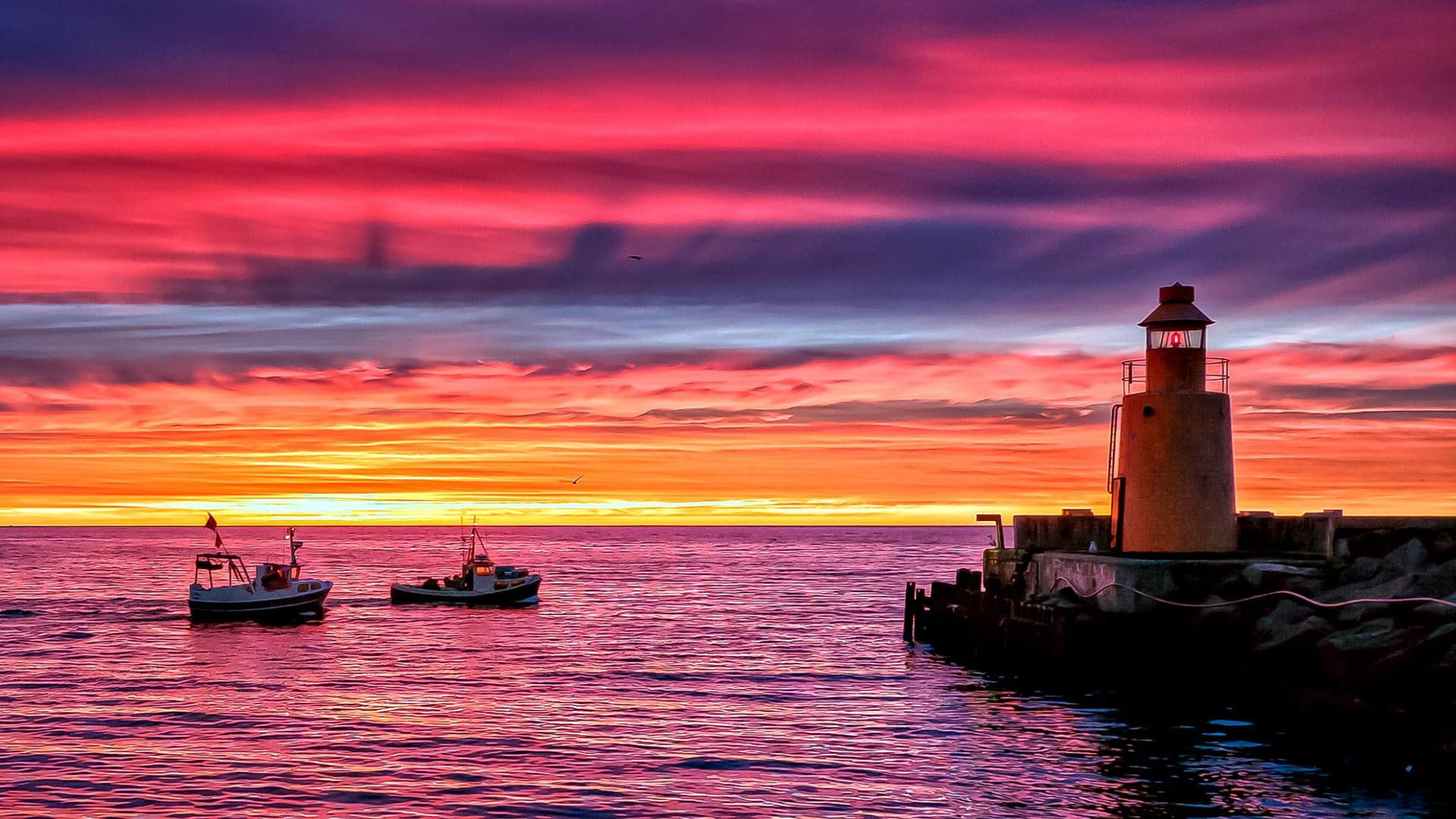 colors, colorful, 1080P, boats, awesome, seascape, nature and landscapes, lighthouse, HD Wallpaper