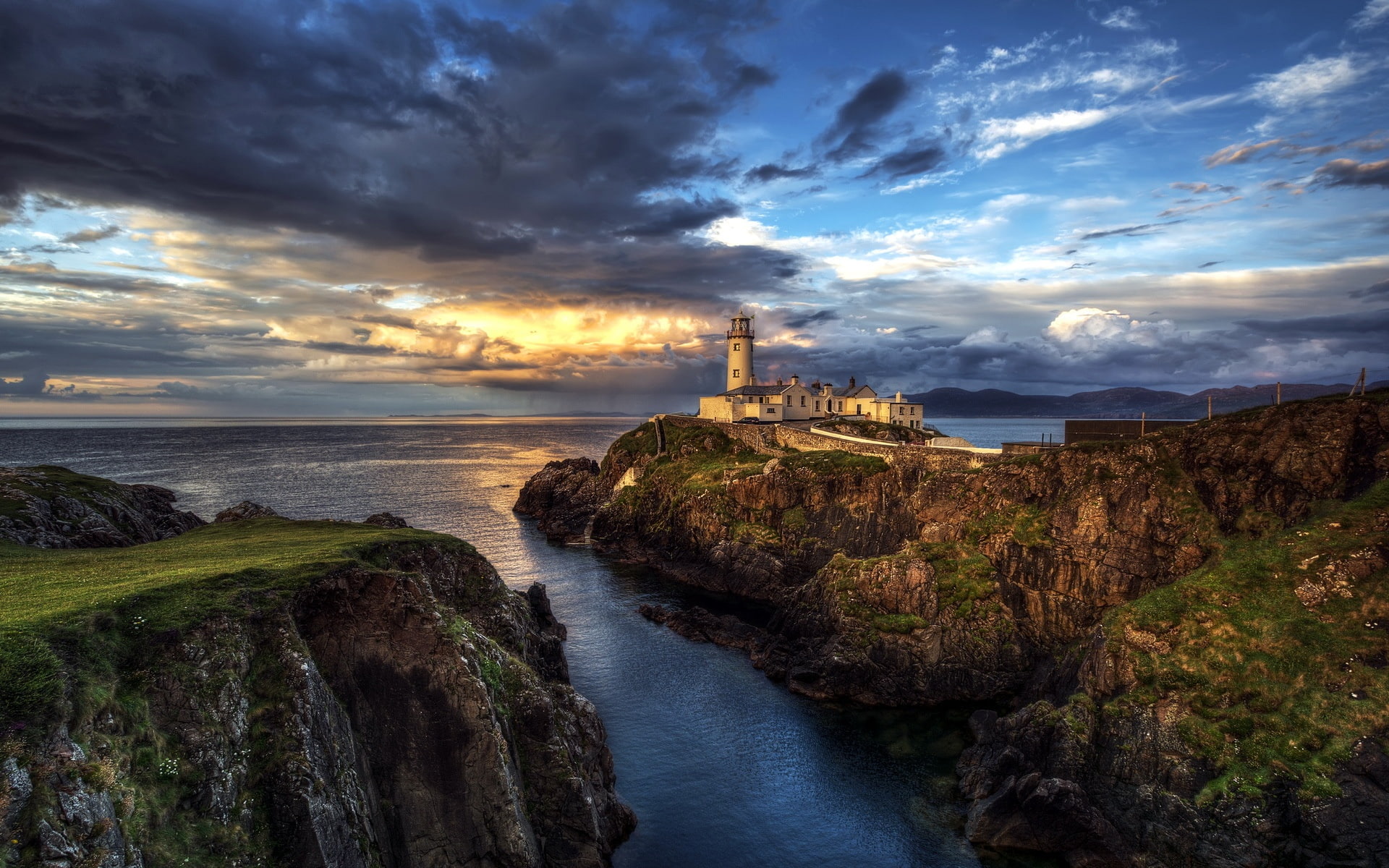 1080P, Lighthouse, Clouds, Sunset, Ireland, Ocean, Seascape, HD Wallpaper