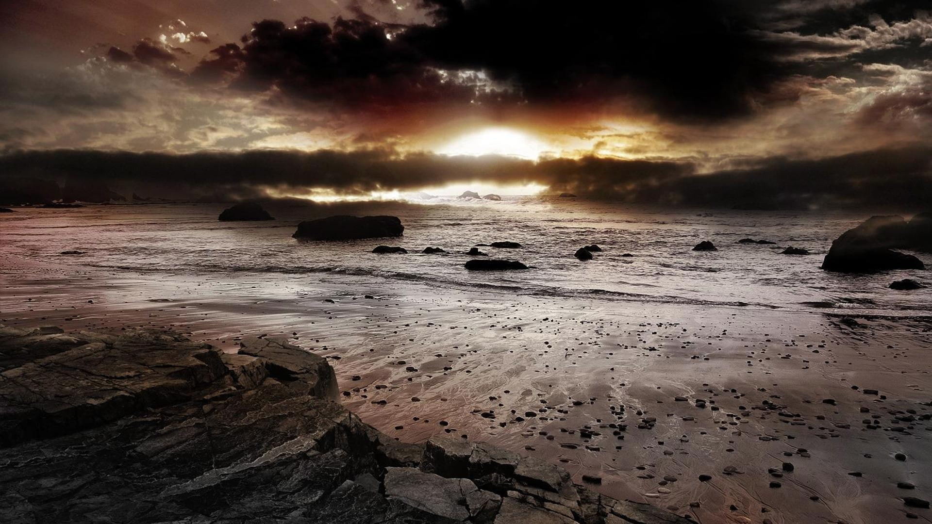 beach, dark, seascape, 1080P, sunset dark clouds, rocks, beautiful, nature and landscapes, HD Wallpaper