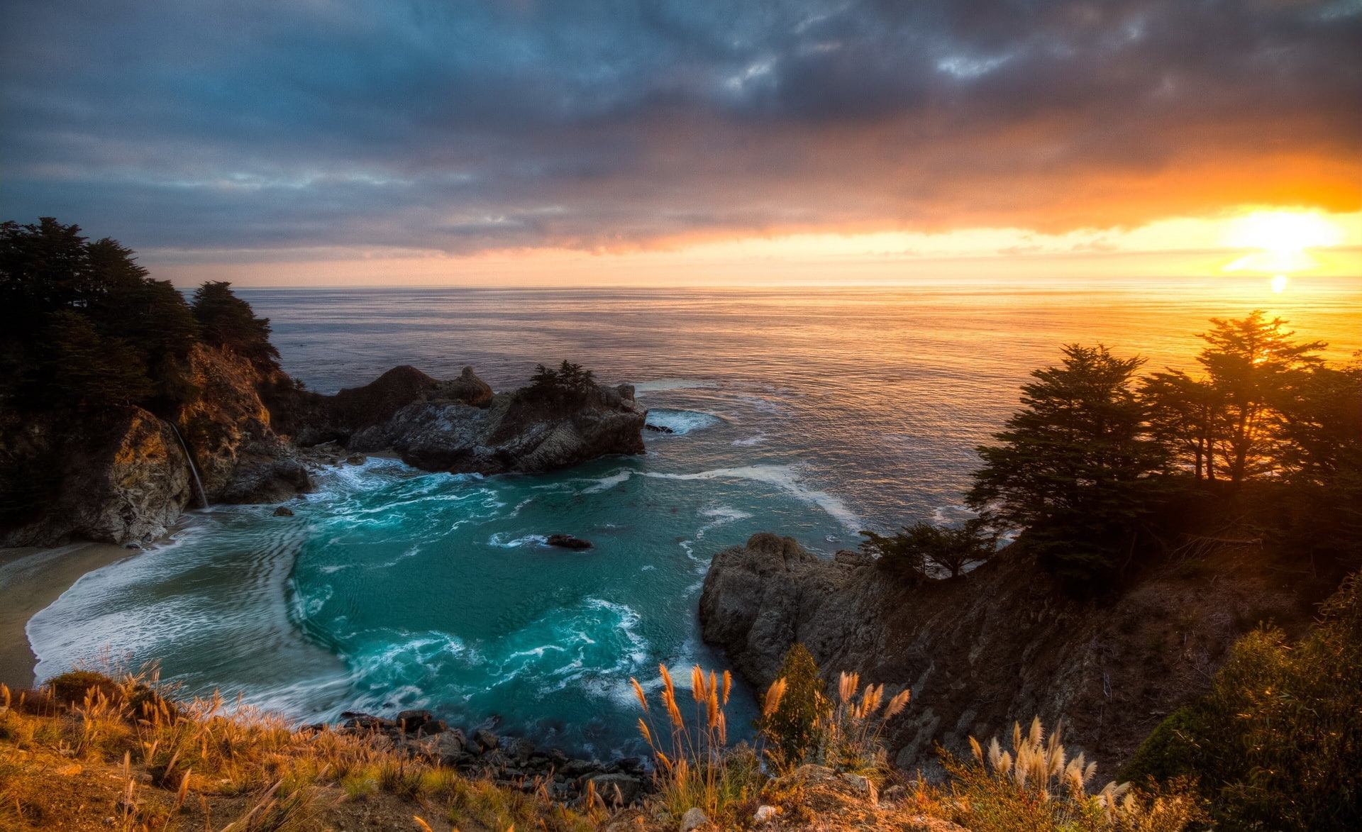 sea, cloud - sky, rock, 1080P, mcway, falls, tranquil scene, orange color, horizon over water, beach, water, land, outdoors, nature, United States, beauty in nature, HD Wallpaper