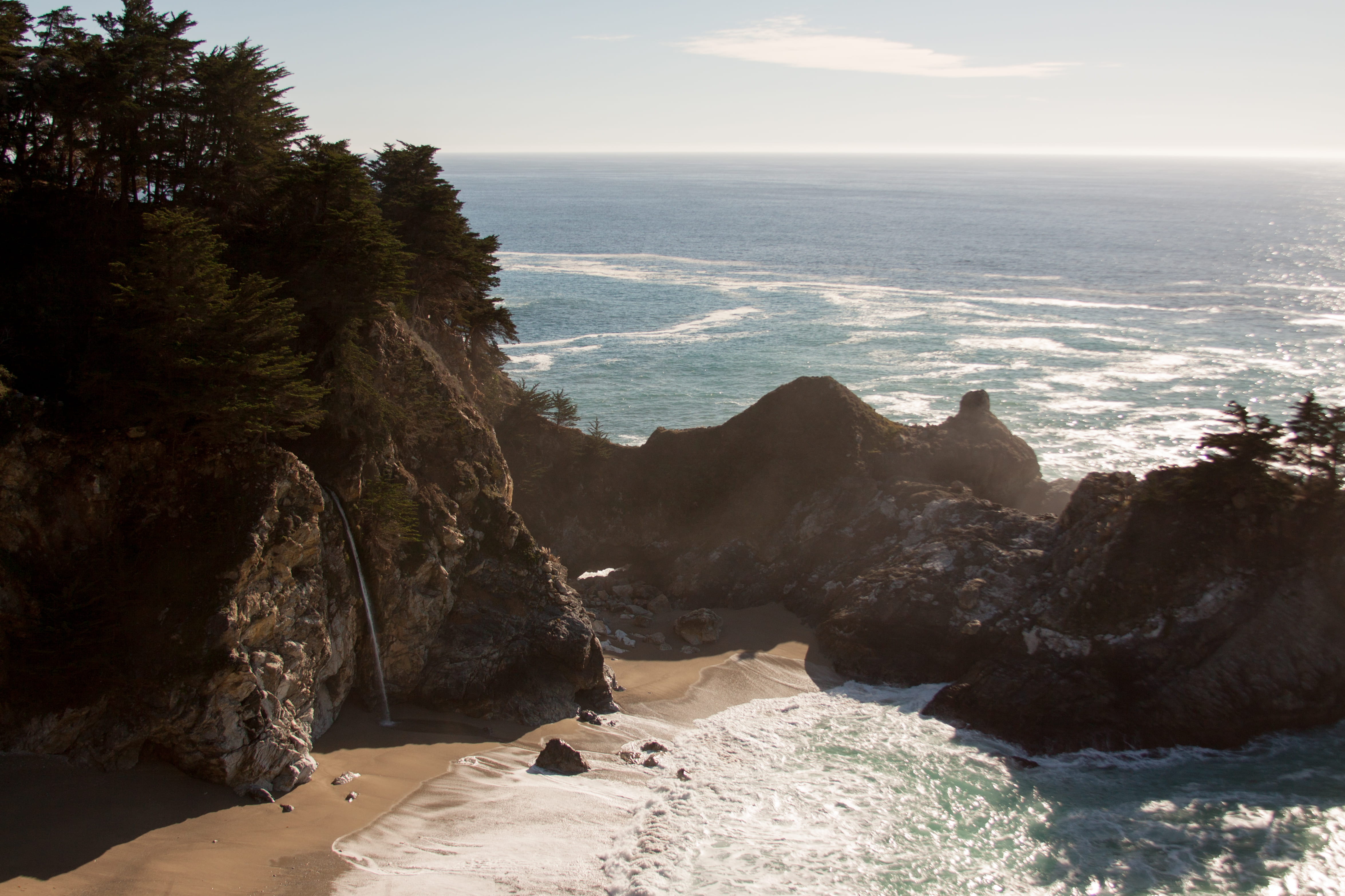 power in nature, rock, rock - object, horizon, water, big sur, flowing water, nature, ocean, tranquil scene, tree, no people, sky, usa, 4K, tranquility, HD Wallpaper