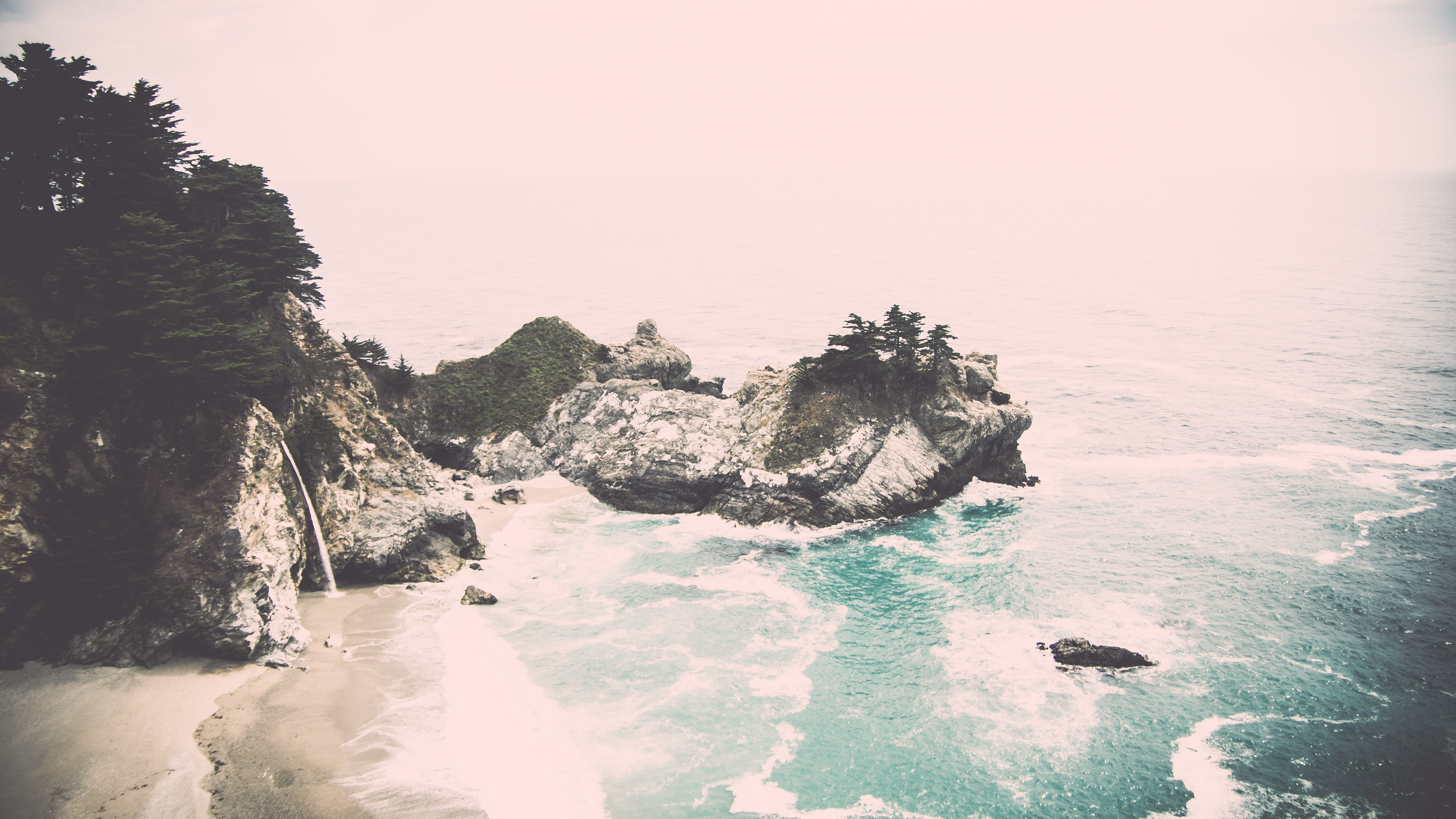 5K, motion, solid, tranquility, rock, crashing wave, united states, tree, day, idyllic, waves, outdoors, water, cloudy, beauty in nature, plant, crashing water, HD Wallpaper