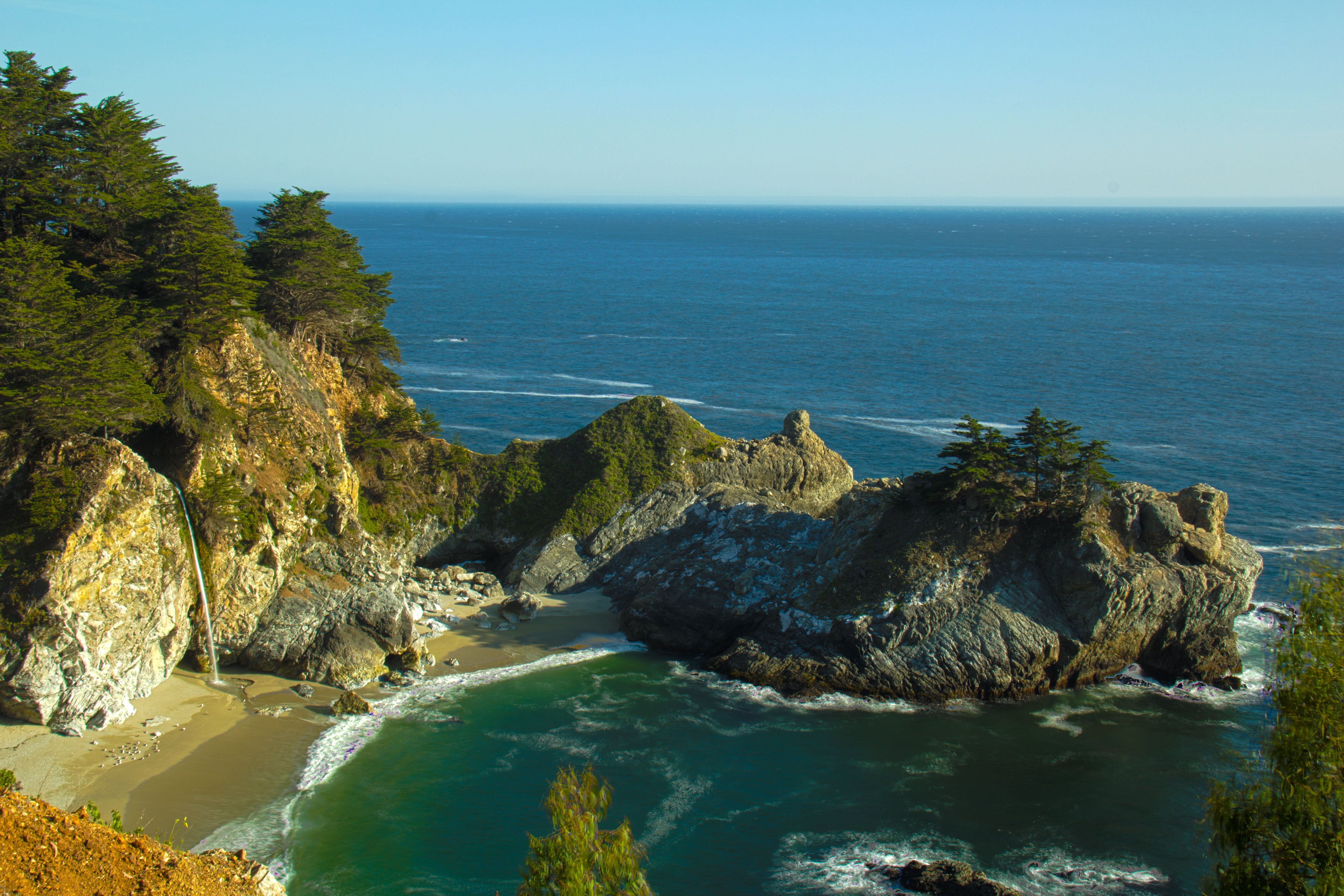 outdoors, horizon over water, waterfall, ocean, day, solid, land, julia pfeiffer burns state park, green, scenic, water, blue, sea, nature, landscape, stone, HD Wallpaper