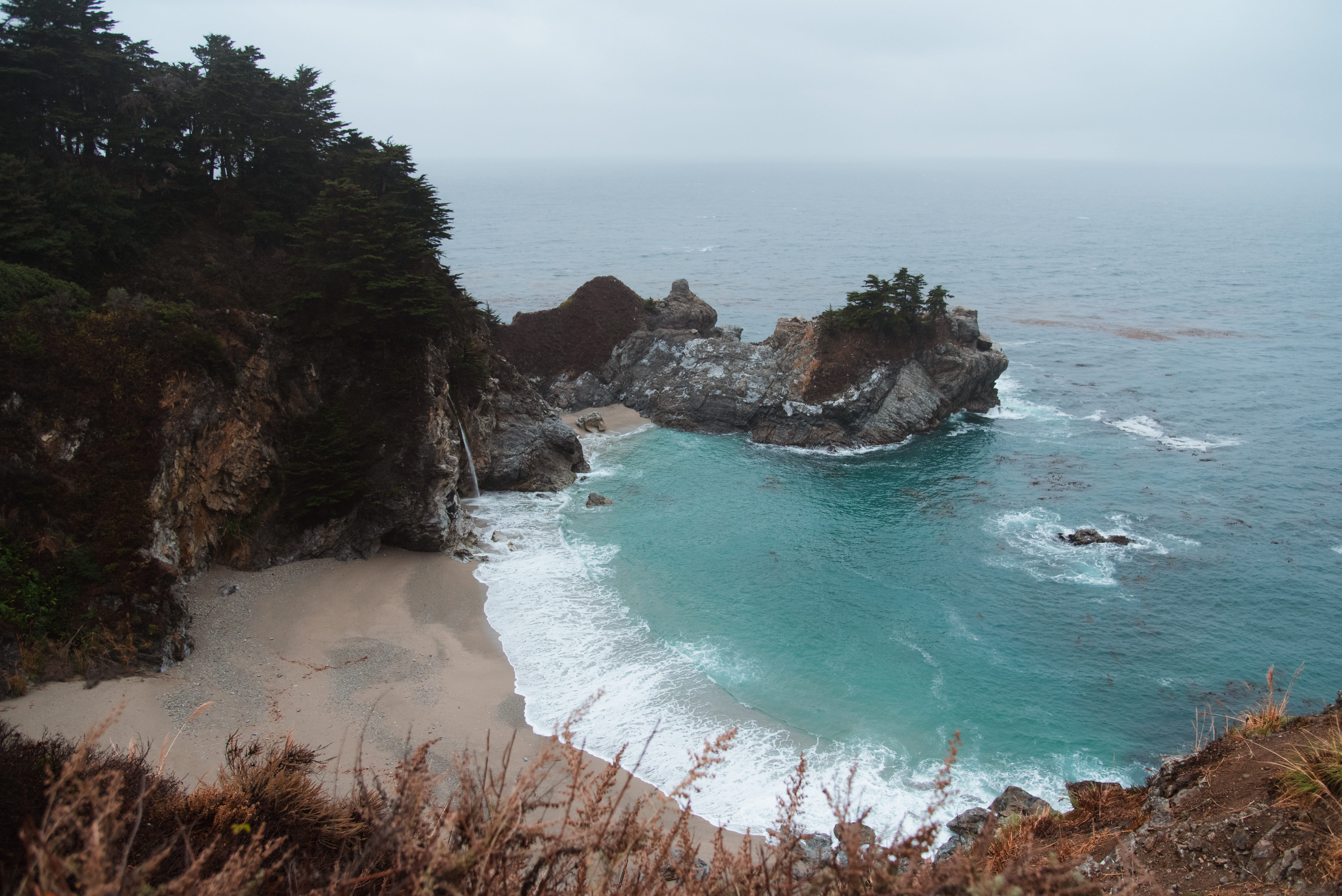 peninsula, landscape, scenics - nature, coast, moody, cave, body, sea, horizon, waterfall, sky, beauty in nature, big sur, land, rocky coastline, horizon over water, HD Wallpaper