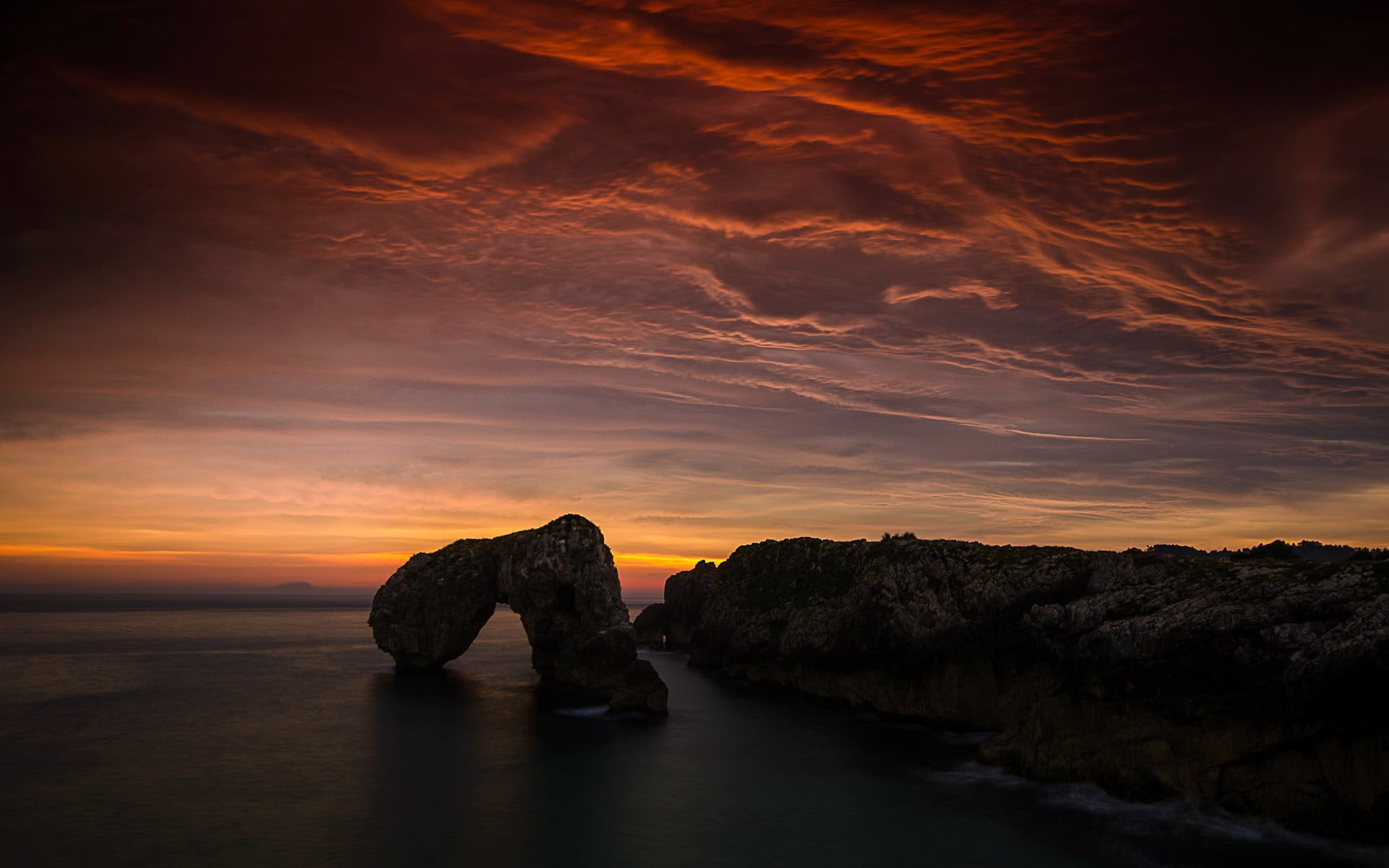island, idyllic, sea, 1080P, aerial, hour, water, beauty in nature, rock formation, dramatic sky, tranquil scene, golden, outdoors, solid, orange color, HD Wallpaper