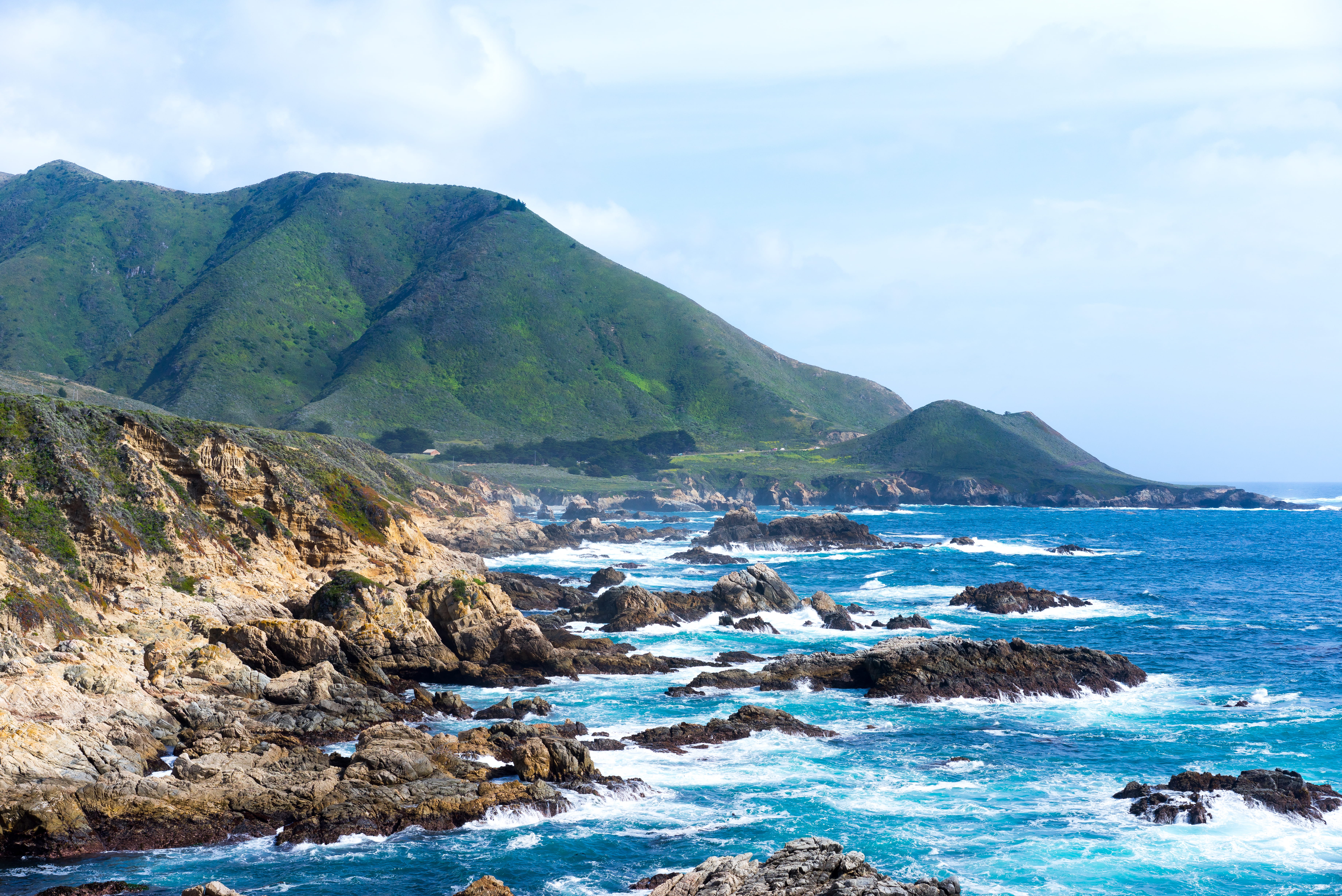 cliffs, 5K, rock - object, pacific ocean, hills, waves, mountain, water, highway, rocks, highway 1, tranquil scene, rock, nature, california, united states, HD Wallpaper