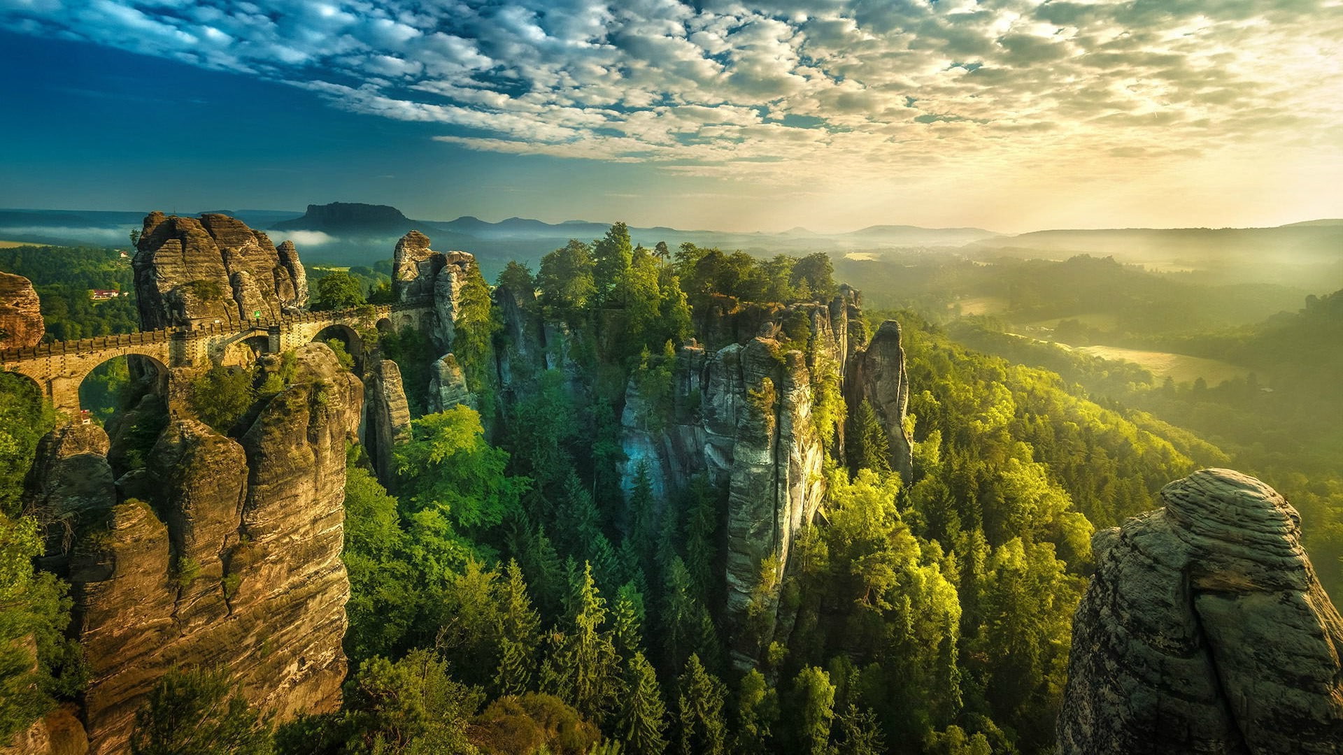 sunlight, scenics - nature, mist, 1080P, Valley, nature, Germany, no people, bridge, cloud - sky, Climbing, non-urban scene, land, sky, mountain, landscape, HD Wallpaper