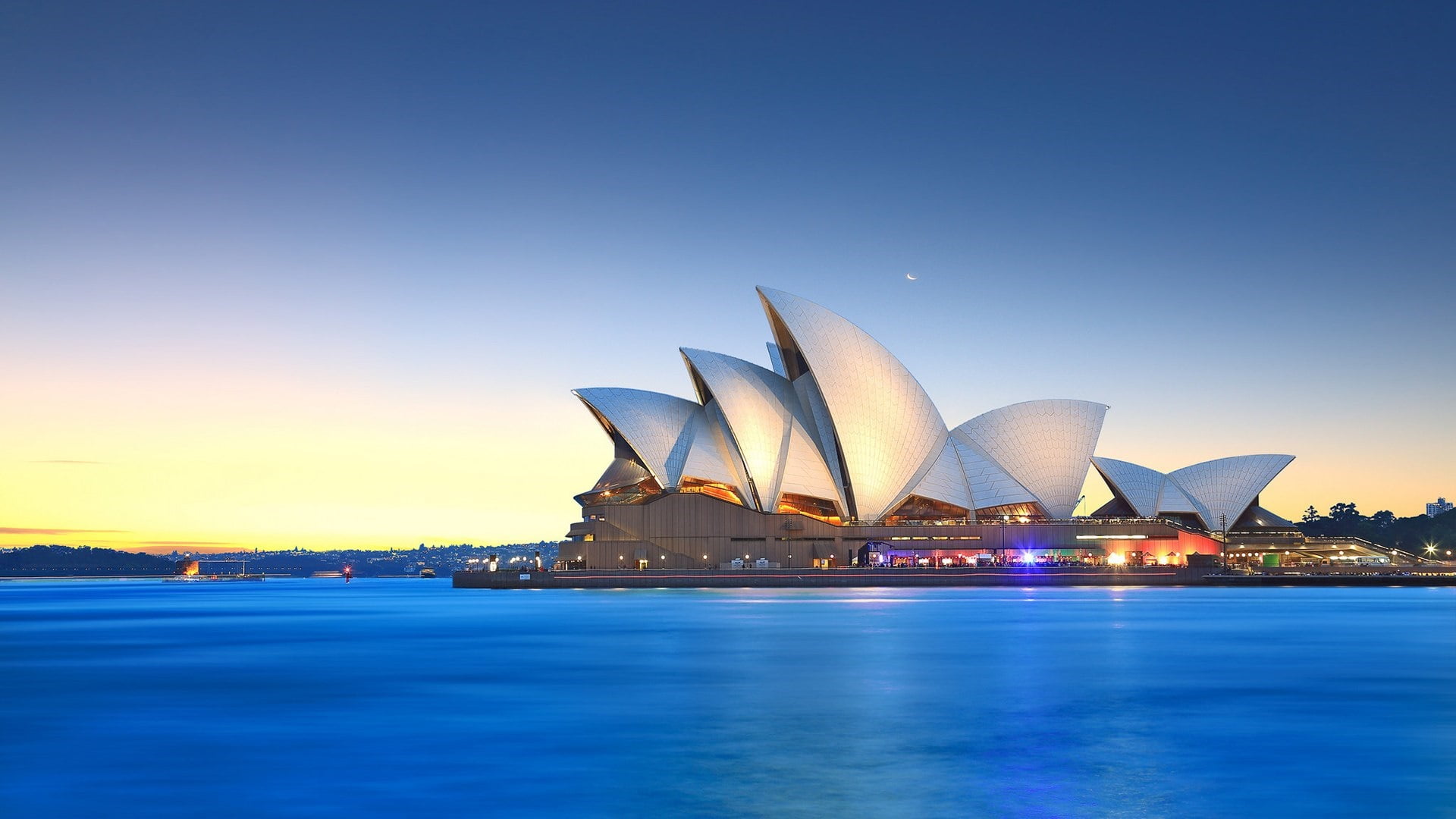 city, bay, australia, built structure, outdoors, cityscape, illuminated, 1080P, calm, evening, sea, dusk, night, skyscraper, building exterior, sunset, HD Wallpaper