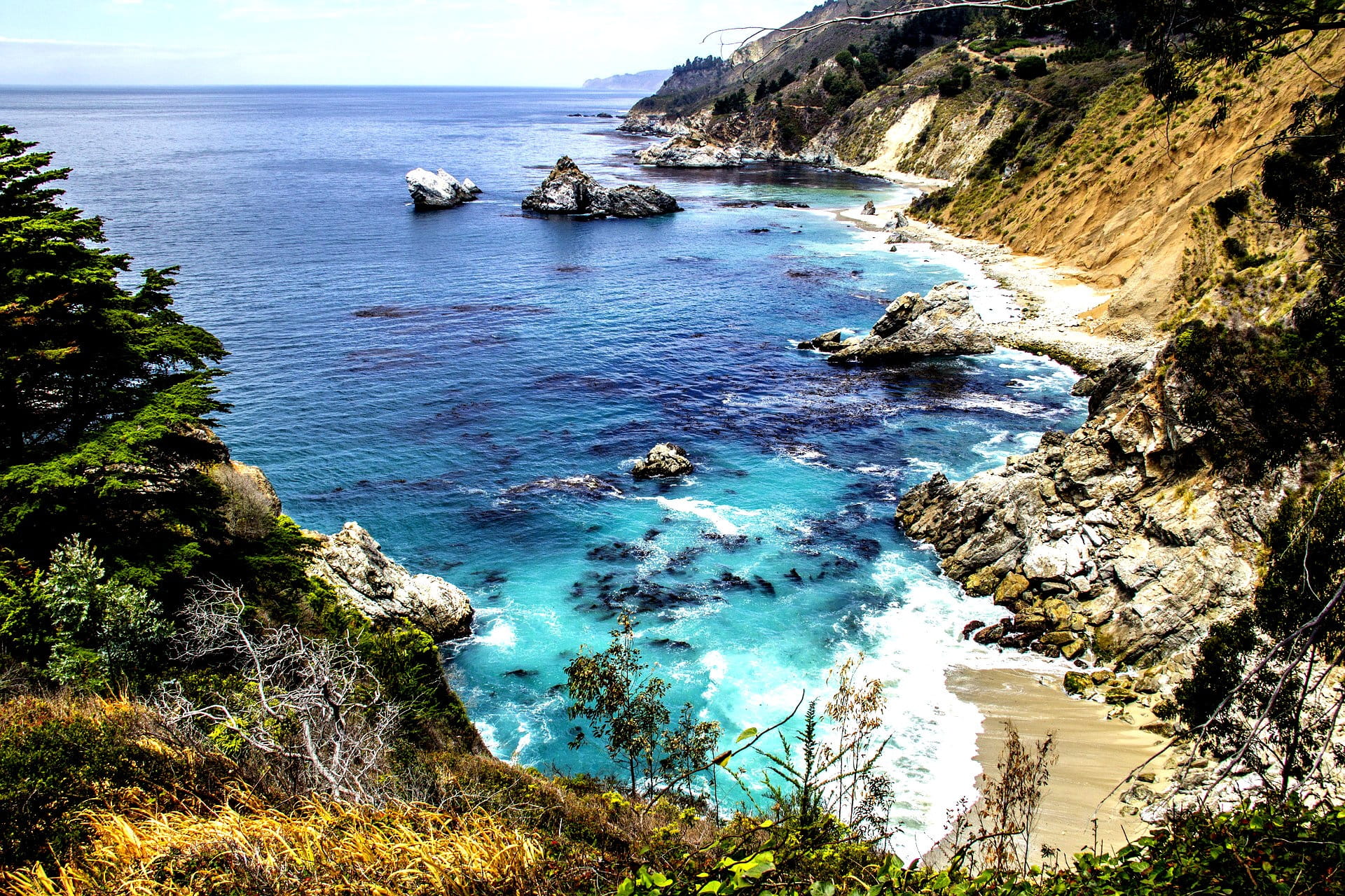 monterey, waves, seaside, big sur, coastline, landscape, california, 1080P, scenic, rock - object, solitude, sea, beach, stones, carmel, rust, cliff, scenics - nature, HD Wallpaper